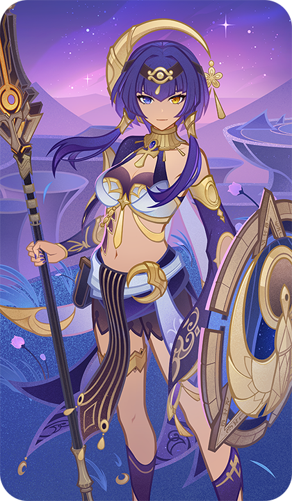 candace (genshin impact), genshin impact, bad source, official art, 1girl, ancient egyptian clothes, black shorts, blue eyes, blue hair, closed mouth, dark-skinned female, dark skin, floating hair, gold choker, heterochromia, holding, holding shield, holding weapon, jewelry, looking at viewer, navel, shield, short hair with long locks, shorts, solo, staff of the scarlet sands (genshin impact), standing, stomach, thighlet, weapon, yellow eyes
