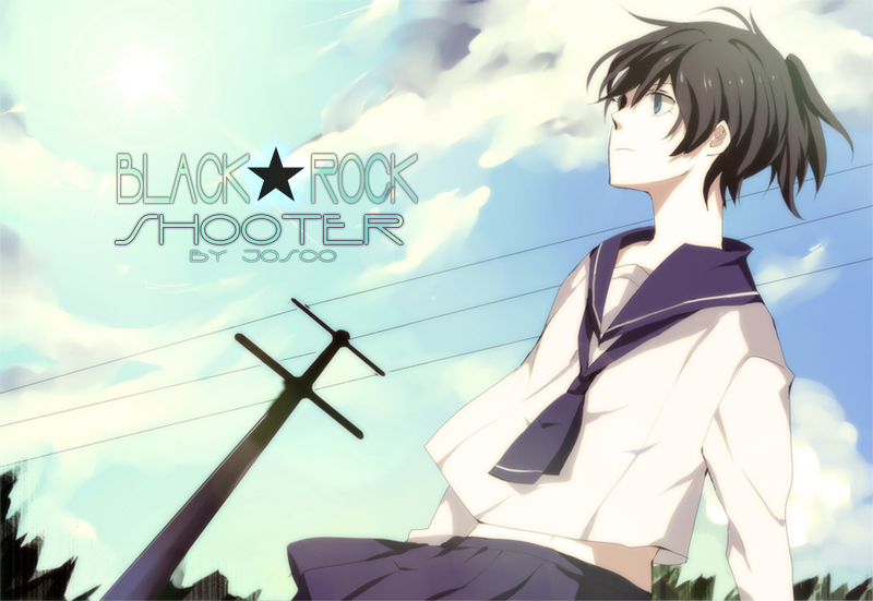 wavesheep, black rock shooter (character), kuroi mato, black rock shooter, bad id, bad pixiv id, 10s, 1girl, black hair, blue eyes, cloud, day, female focus, outdoors, power lines, school uniform, serafuku, short hair, skirt, sky, solo, star (symbol)