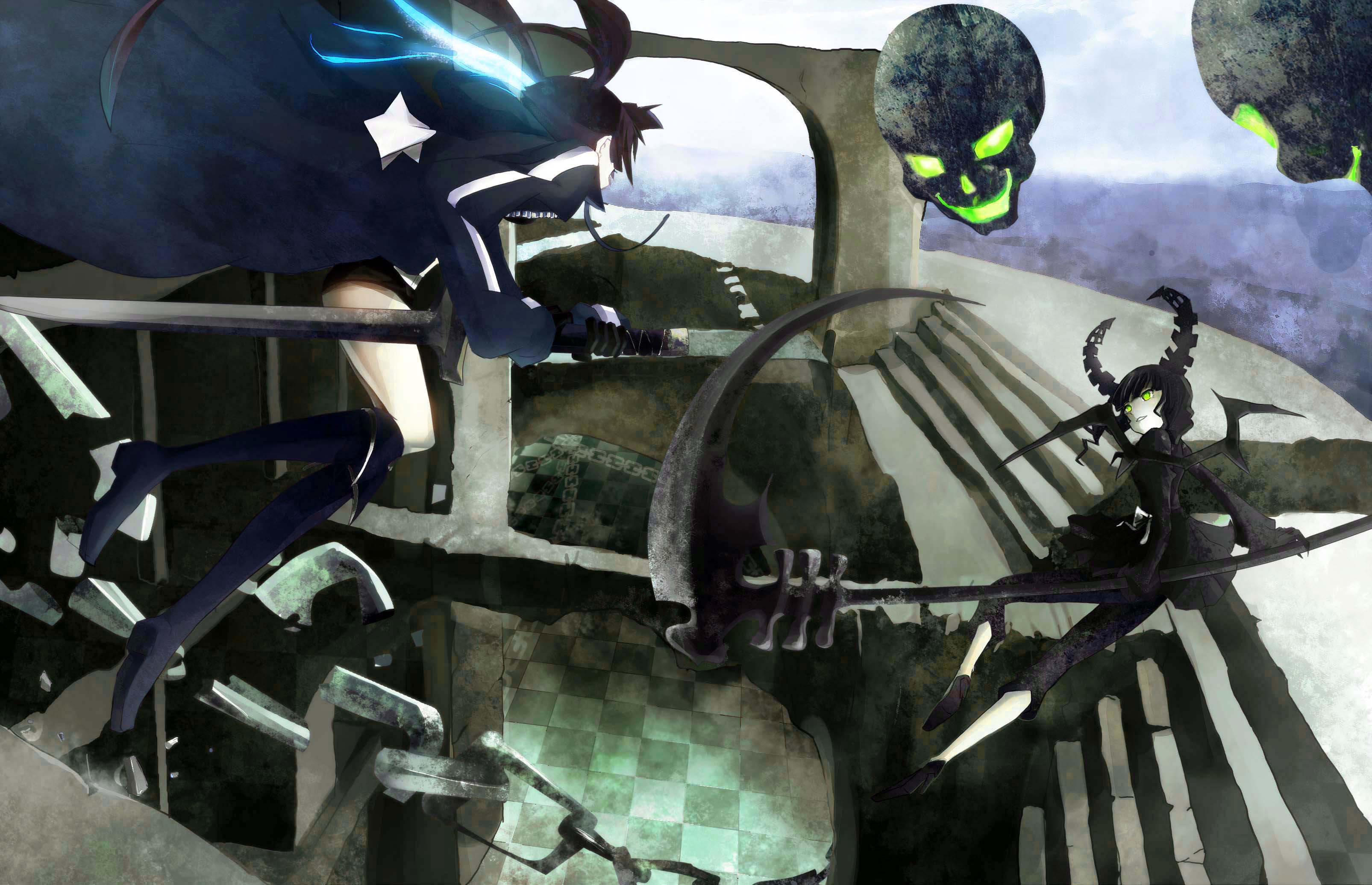 kio sayuki, black rock shooter (character), dead master, black rock shooter, absurdres, bad id, bad pixiv id, highres, 10s, 2girls, belt, black dress, black hair, black leggings, boots, chain, coat, curly hair, dress, glowing, glowing eyes, green eyes, horns, leggings, long hair, midriff, multiple girls, shorts, skull, smile, sword, twintails, weapon, wings