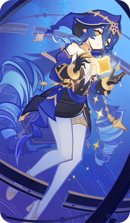 layla (genshin impact), genshin impact, bad source, official art, 1girl, bags under eyes, bare shoulders, black gloves, blue hair, blue hood, blue sleeves, bright pupils, claw ring, closed mouth, detached sleeves, drill hair, drill sidelocks, gloves, gold shoes, gold thighlet, hair between eyes, hands up, hood, hood up, jewelry, long hair, looking at viewer, pantyhose, pointy ears, shoes, sidelocks, solo, thighlet, twin drills, very long hair, white pantyhose, white pupils, yellow eyes