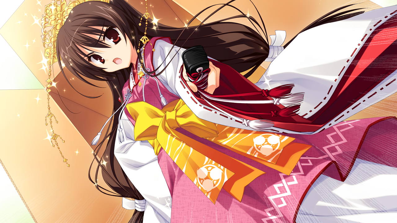 kobuichi, muririn, unohana no sakuyahime, tenshinranman, game cg, 1girl, bow, brown eyes, brown hair, female focus, foreshortening, frown, japanese clothes, katana, large bow, long hair, looking at viewer, red eyes, ribbon, solo, sparkle, sword, tassel, tiara, twintails, weapon, wide sleeves