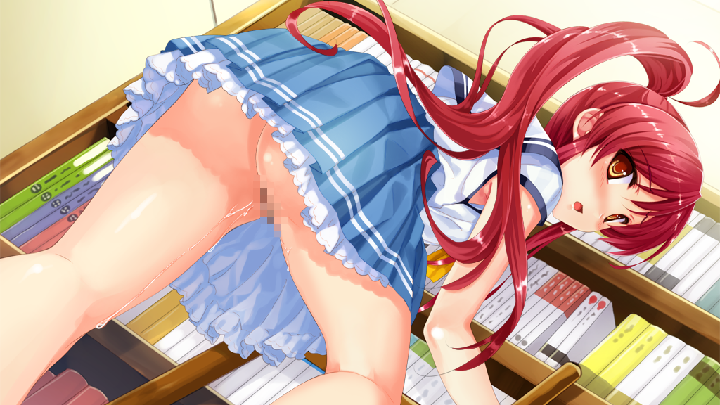 misaki kurehito, miyamae tomoka, abhar, smile cubic!, suiheisen made nan mile?, game cg, 1girl, ass, blush, brown eyes, censored, embarrassed, female focus, high ponytail, kneepits, mosaic censoring, no panties, ponytail, pussy juice, red hair, school uniform, solo, thighs, yellow eyes