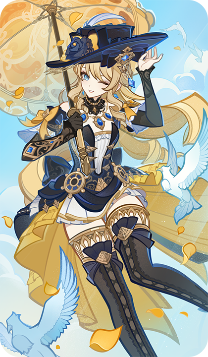 navia (genshin impact), genshin impact, bad source, official art, 1girl, bird, black boots, black gloves, blonde hair, blue eyes, blue flower, blue hat, blue rose, blue sky, boots, cloud, cloudy sky, dress, falling petals, floating hair, flower, gloves, hands up, hat, hat flower, holding, holding umbrella, long hair, looking at viewer, one eye closed, outdoors, parasol, parted lips, petals, pigeon, rose, single glove, sky, solo, standing, thigh boots, umbrella