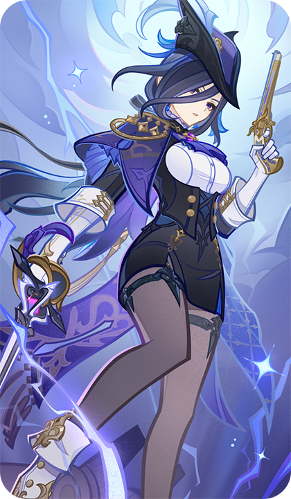 clorinde (genshin impact), genshin impact, bad source, official art, 1girl, ascot, black skirt, blue cape, blue hair, boots, brown pantyhose, cape, fold-over gloves, gloves, gun, hair between eyes, hand up, hat, holding, holding gun, holding sword, holding weapon, long hair, long hair between eyes, looking at viewer, pantyhose, pencil skirt, purple ascot, purple eyes, shirt, skirt, solo, standing, sword, taut clothes, taut shirt, weapon, white boots, white gloves, white shirt