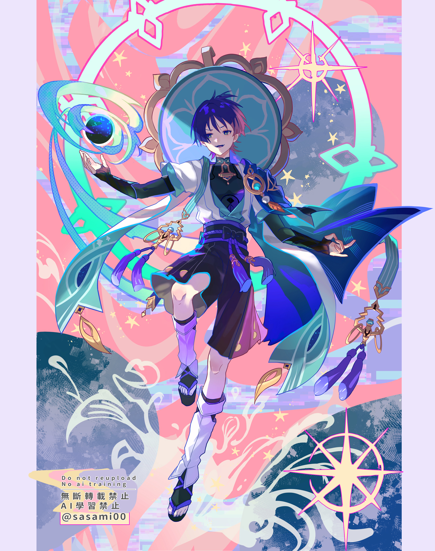 teki (kakari), scaramouche (genshin impact), wanderer (genshin impact), genshin impact, commentary, highres, symbol-only commentary, 1boy, aqua halo, armor, belt, black belt, black bodysuit, black bow, black bridal gauntlets, black mouth, black sandals, black shorts, blue cape, blue eyes, blue gemstone, blue hat, blue kimono, blue sleeves, blunt ends, bodysuit, border, bow, bridal gauntlets, bright pupils, cape, curled fingers, feathers, full body, gem, gold, gold trim, grey border, hakama, hakama shorts, halo, halo behind head, hat, japanese armor, japanese clothes, jingasa, juban, kimono, knee up, kote, kurokote, layered sleeves, leg warmers, looking at viewer, magic circle, male focus, mandala, mandarin collar, mudra, open clothes, open hand, open kimono, open mouth, outstretched arms, pillarboxed, pink background, pleated shorts, pom pom (clothes), purple hair, purple rope, purple sash, rope, sandals, sash, short sleeves, shorts, shoulder peek, solo, spread arms, star (sky), static, tassel, teeth, toenails, toes, tongue, tsurime, twitter username, upper teeth only, vortex, watermark, white kimono, white leg warmers, white pupils, white sleeves, wispy bangs, yellow feathers, zouri