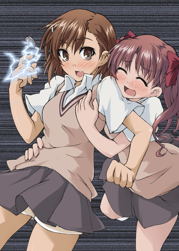 hazuki haru, misaka mikoto, shirai kuroko, toaru kagaku no railgun, toaru majutsu no index, bad id, bad pixiv id, 00s, 3girls, blush, bow, brown eyes, brown hair, coin, electricity, electrokinesis, female focus, multiple girls, open mouth, ribbon, school uniform, skirt, twintails, yuri