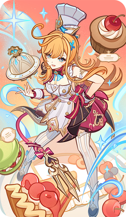 escoffier (genshin impact), genshin impact, bad source, official art, 1girl, apron, aqua eyes, black shoes, bow, cake, chef, chef hat, dress bow, food, fork hair ornament, fruit, hand on own hip, hat, heart, heart in eye, long hair, looking at viewer, open mouth, orange hair, shoes, smile, solo, standing, striped clothes, striped thighhighs, symbol in eye, tail, thighhighs, white apron, white hat, white thighhighs
