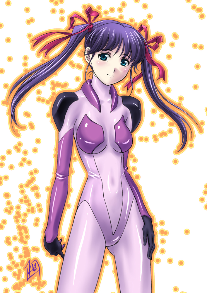 mcq, gunparade orchestra, uniform, character request, 00s, 1girl, aqua eyes, blush, bodysuit, female focus, hair ribbon, latex, long hair, navel, purple bodysuit, purple hair, ribbon, skin tight, solo, twintails