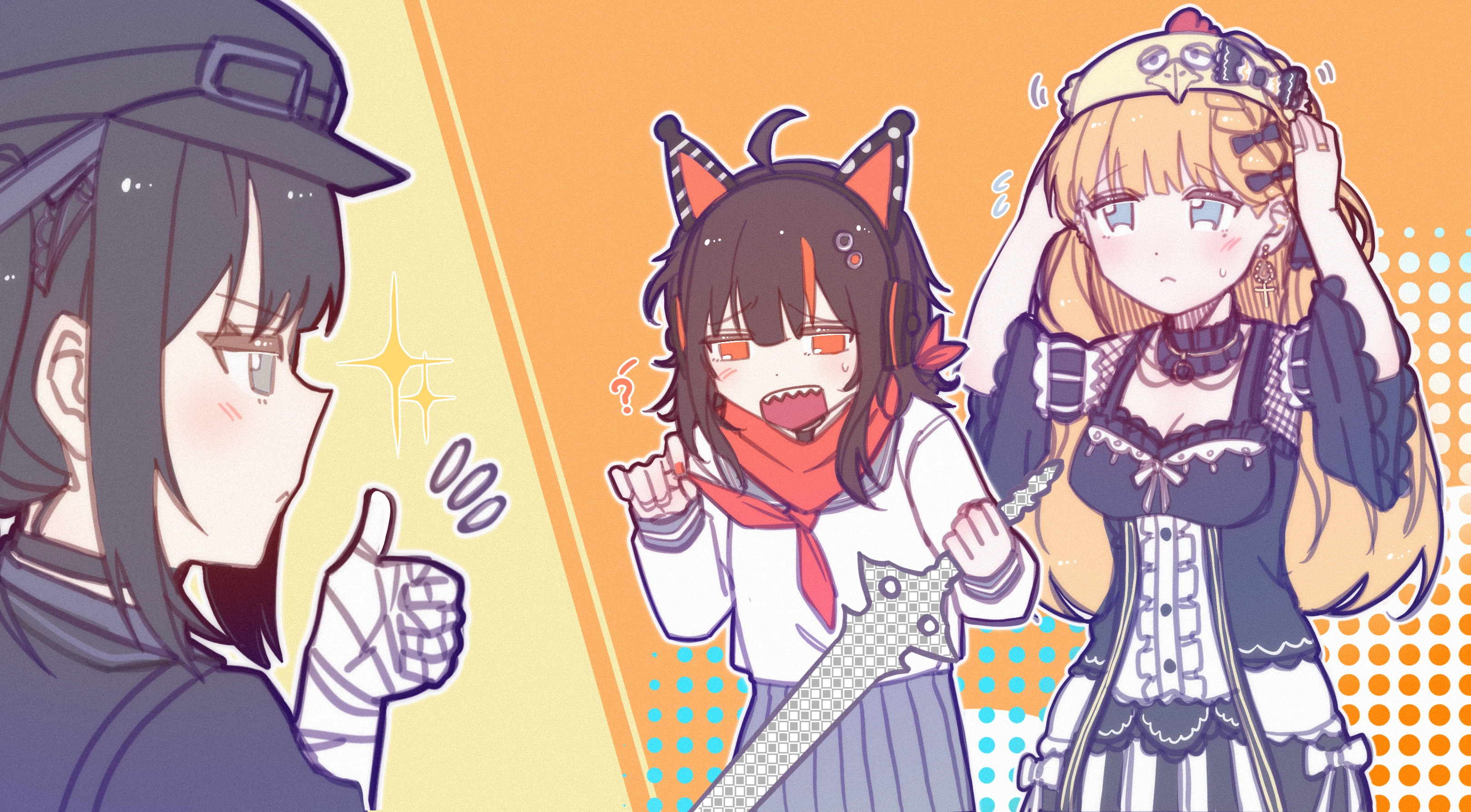 kurobe nanoka, saeki miria, sawatari coco, mahou shoujo no majo saiban, absurdres, commentary request, highres, 3girls, ahoge, alternate costume, animal ear headphones, animal ears, bai weizi lingzi, black bow, black choker, black dress, black hair, black hat, blonde hair, blue eyes, blunt bangs, bow, breasts, cat ear headphones, cat ears, chicken hat, choker, cleavage, closed mouth, confused, dress, fake animal ears, grey eyes, grey skirt, hair bow, hands up, hat, headphones, long hair, long sleeves, looking at another, multicolored hair, multiple girls, neckerchief, open mouth, orange eyes, pleated skirt, red neckerchief, school uniform, serafuku, sharp teeth, skirt, sparkle, standing, streaked hair, teeth, thumbs up, twintails