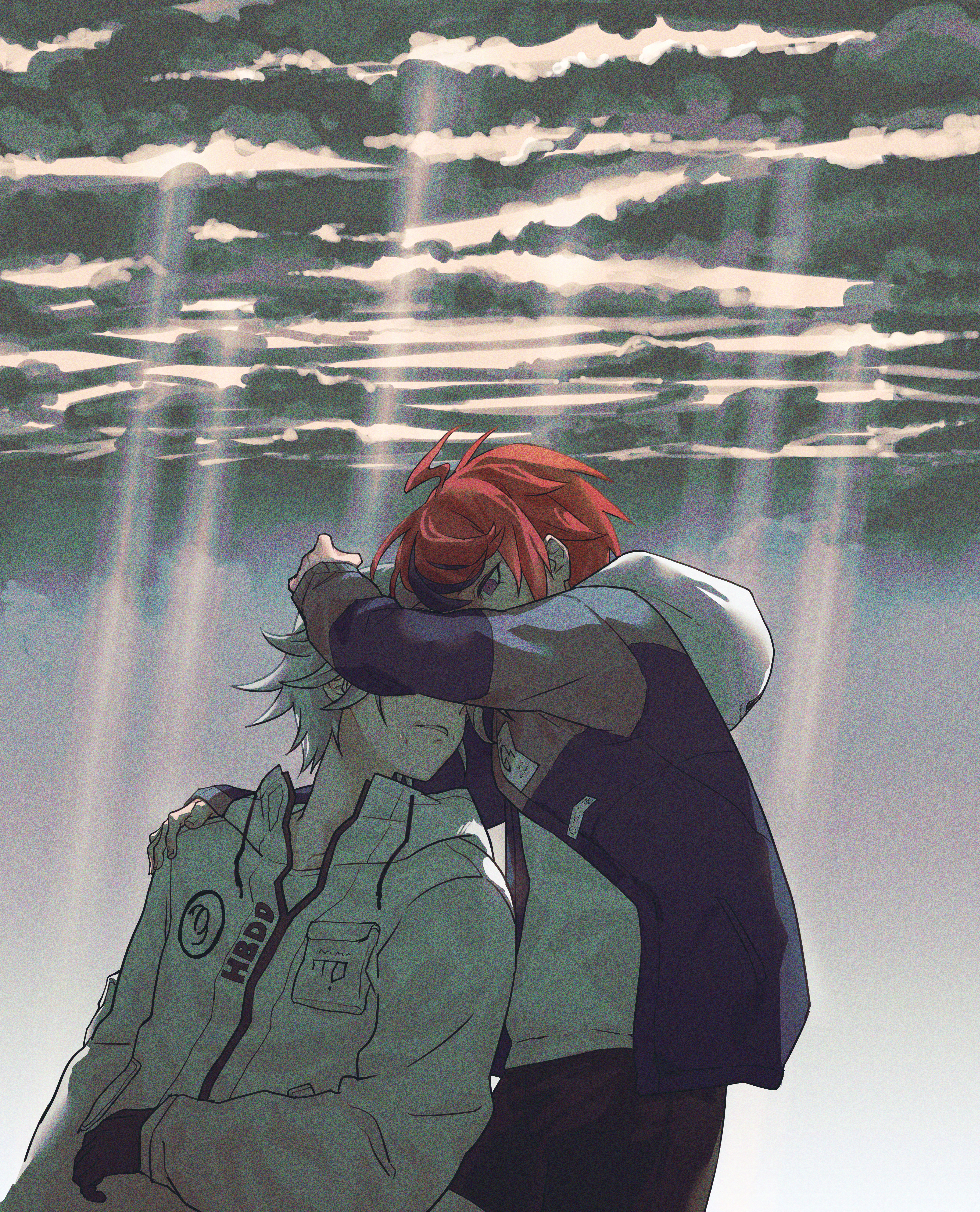 aotsuki eito, sumino takumi, the hundred line -last defense academy-, absurdres, commentary request, highres, 2boys, abura 99, ahoge, black gloves, black pants, black streaks, blue eyes, blue jacket, breast pocket, cloud, cloudy sky, covering another's eyes, crying, film grain, glasses, gloves, grey hair, grey jacket, hood, hoodie, hug, jacket, jacket over hoodie, male focus, multicolored hair, multicolored jacket, multiple boys, open clothes, open jacket, pants, partially unzipped, pocket, red hair, short hair, sky, streaked hair, two-tone hair, two-tone jacket, white hoodie, white jacket