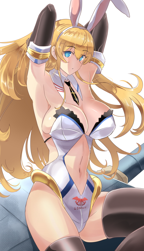 ishizu kayu, north carolina (azur lane), azur lane, commentary request, alternate costume, animal ears, armpits, arms behind head, blonde hair, blue eyes, blush, breasts, cleavage, clothing cutout, elbow gloves, gloves, highleg, large breasts, long hair, looking at viewer, necktie, pantyhose, playboy bunny, presenting armpit, rabbit ears, sidelocks, sitting, skindentation, stomach cutout, thighhighs
