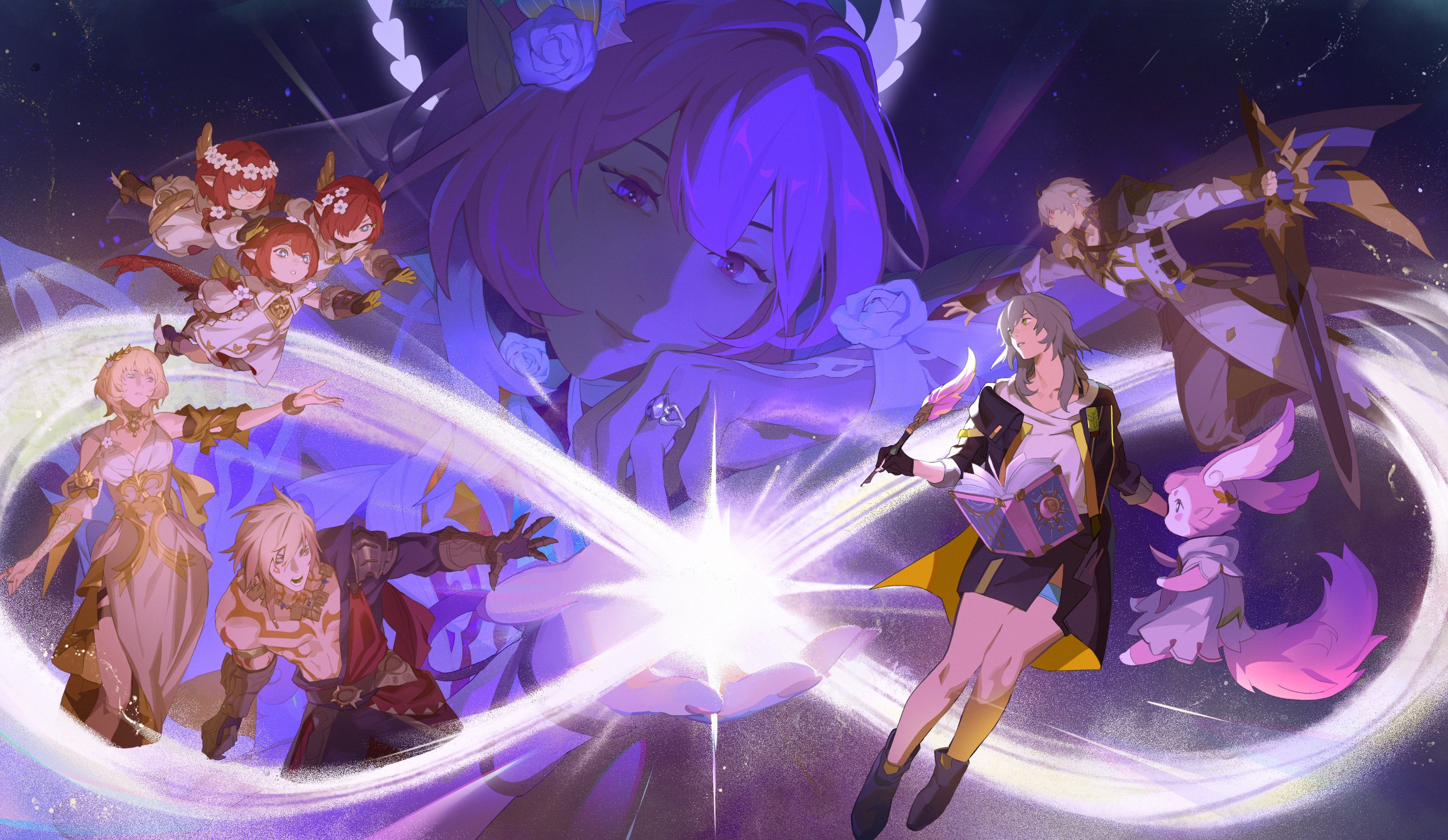 suqling, aglaea (honkai: star rail), cyrene (honkai: star rail), mem (honkai: star rail), mydei (honkai: star rail), phainon (honkai: star rail), stelle (honkai: star rail), trailblazer (honkai: star rail), trianne (honkai: star rail), tribbie (honkai: star rail), trinnon (honkai: star rail), honkai: star rail, honkai (series), absurdres, commentary, english commentary, highres, 2boys, 6+girls, abs, amphoreus (honkai: star rail), ancient greek clothes, animal ears, antenna hair, armor, as i've written (honkai: star rail), bare shoulders, belt, black boots, black choker, black gloves, black jacket, black pants, black shirt, black skirt, black sky, blonde hair, blue cape, blue eyes, body markings, book, boots, bracelet, braid, breasts, brown belt, brown boots, cape, choker, clenched hand, closed mouth, clothing cutout, collared dress, covered eyes, cowboy shot, creature, cyrene (demiurge) (honkai: star rail), dawnmaker (honkai: star rail), dress, dual persona, faulds, fingerless gloves, fingernails, floating cape, floating clothes, flower, flower-shaped pupils, flying, full body, gauntlets, gloves, gold bracelet, gold necklace, gold trim, greco-roman clothes, grey hair, grey pants, hair between eyes, hair flower, hair ornament, hair over eyes, hair over one eye, hair ribbon, hand up, head wreath, holding, holding quill, holding sword, holding weapon, jacket, jewelry, juliet sleeves, laurel crown, leaf hair ornament, lips, long hair, long sleeves, looking at another, medium breasts, mini wings, miniskirt, mobius strip, multicolored hair, multiple boys, multiple girls, muscular, muscular male, nail polish, necklace, off-shoulder dress, off shoulder, official alternate costume, official alternate hairstyle, open book, open clothes, open jacket, open mouth, orange eyes, orange hair, outdoors, pants, pectorals, pink fur, pink hair, pink nails, puffy long sleeves, puffy sleeves, purple eyes, purple flower, purple rose, quill, red cape, red hair, ribbon, ring, rose, shirt, short hair, short sleeves, shoulder cutout, sidelocks, single bare shoulder, single braid, single glove, skirt, sky, smile, space, star (symbol), streaked hair, sun symbol, sword, symbol-shaped pupils, t-shirt, tail, teeth, thigh strap, triplets, two-sided cape, two-sided fabric, two-sided gloves, two-sided jacket, upper body, v-shaped eyebrows, weapon, white dress, white flower, white hair, white jacket, white rose, white shirt, wings, yellow cape, yellow eyes, yellow gloves, yellow jacket, yellow ribbon