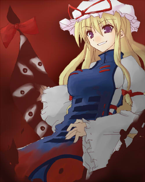 yami shigeru, yakumo yukari, touhou, bad id, bad pixiv id, 1girl, blonde hair, breasts, female focus, full body, gradient background, hat, smile, solo