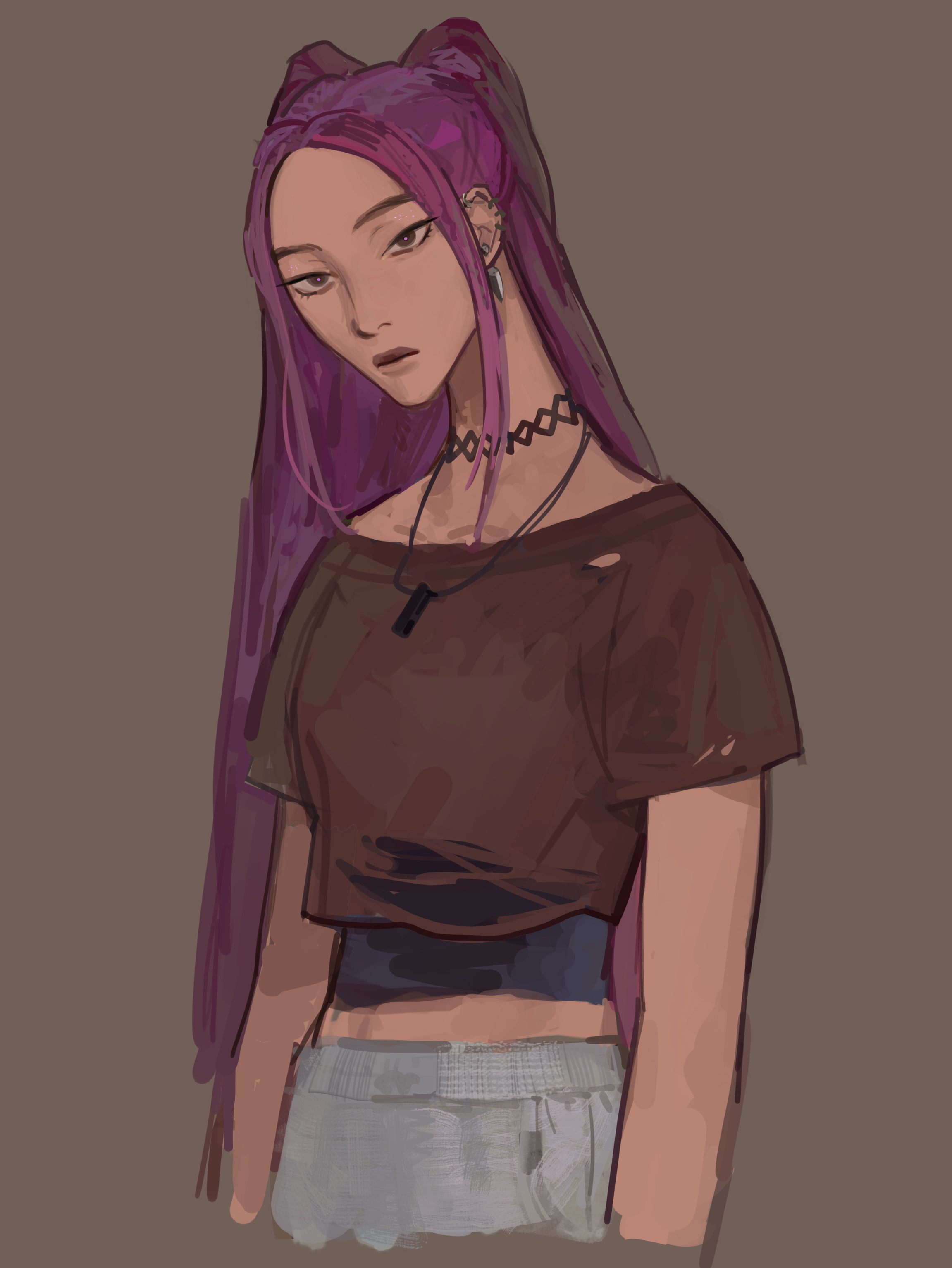 suqling, mira (kpop demon hunters), kpop demon hunters, absurdres, commentary, english commentary, highres, 1girl, black choker, black tank top, brown background, brown shirt, choker, closed mouth, collarbone, cowboy shot, ear piercing, earrings, eyelashes, half-closed eyes, jewelry, lace, lace choker, long hair, looking at viewer, necklace, piercing, pink pupils, purple eyes, purple hair, red lips, shirt, short sleeves, sidelocks, simple background, skirt, solo, standing, t-shirt, tank top, two side up, white skirt