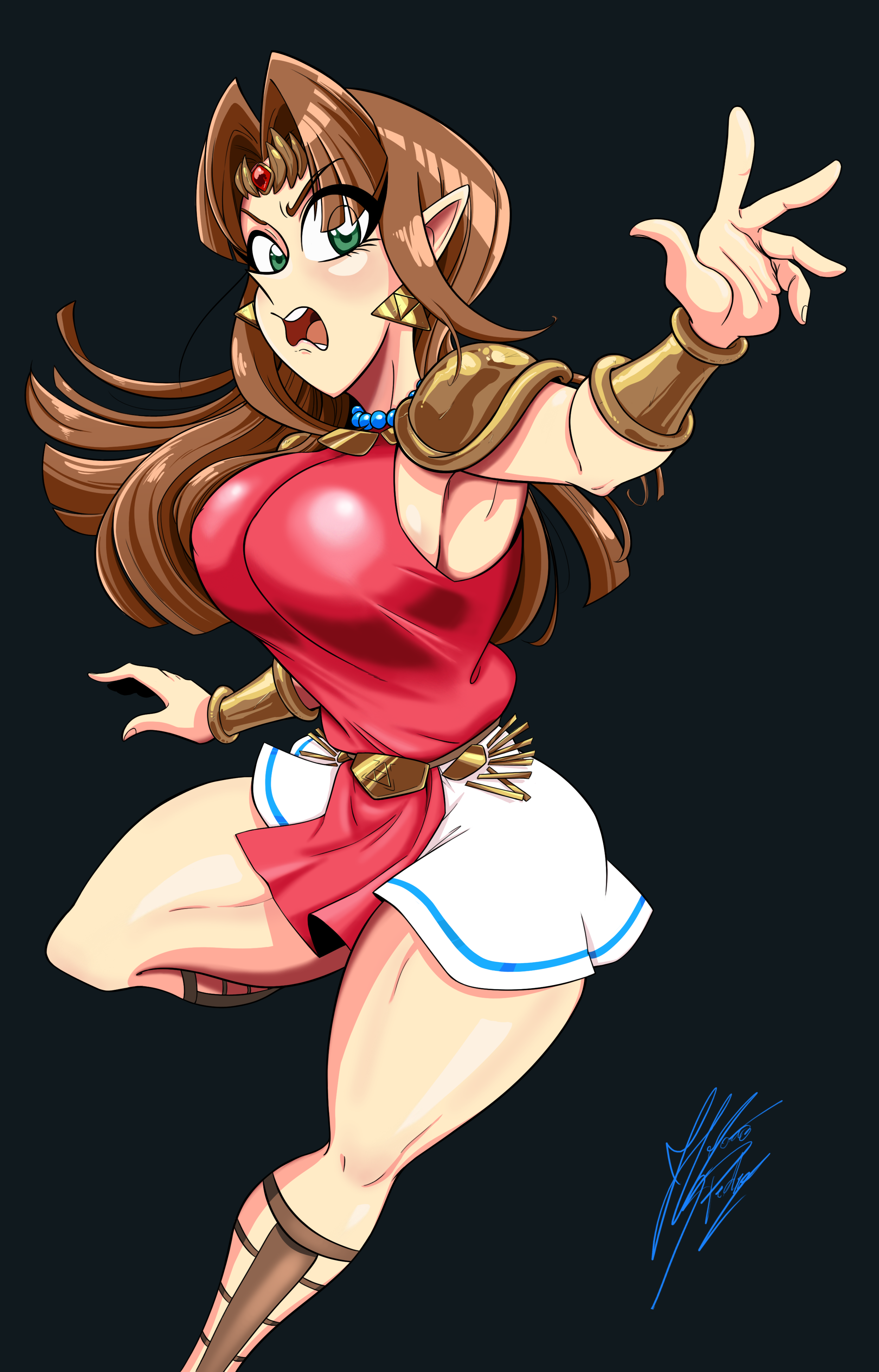 joepopls, princess zelda, nintendo, the legend of zelda, the legend of zelda: a link to the past, absurdres, commentary, english commentary, highres, 1girl, 2020, alternate breast size (larger), artist name, bare legs, black background, blush, boots, breasts, brown hair, collarbone, curtained hair, curvy, dynamic pose, eyebrows hidden by hair, female focus, foot out of frame, green eyes, hand up, jewelry, lace-up boots, large breasts, leg up, long hair, miniskirt, necklace, open mouth, pauldrons, pearl necklace, pelvic curtain, pointy ears, serious, shoulder armor, side slit, signature, simple background, skirt, solo, straight hair, thick thighs, thighs, tiara, v-shaped eyebrows, vambraces, white skirt, wrestling outfit