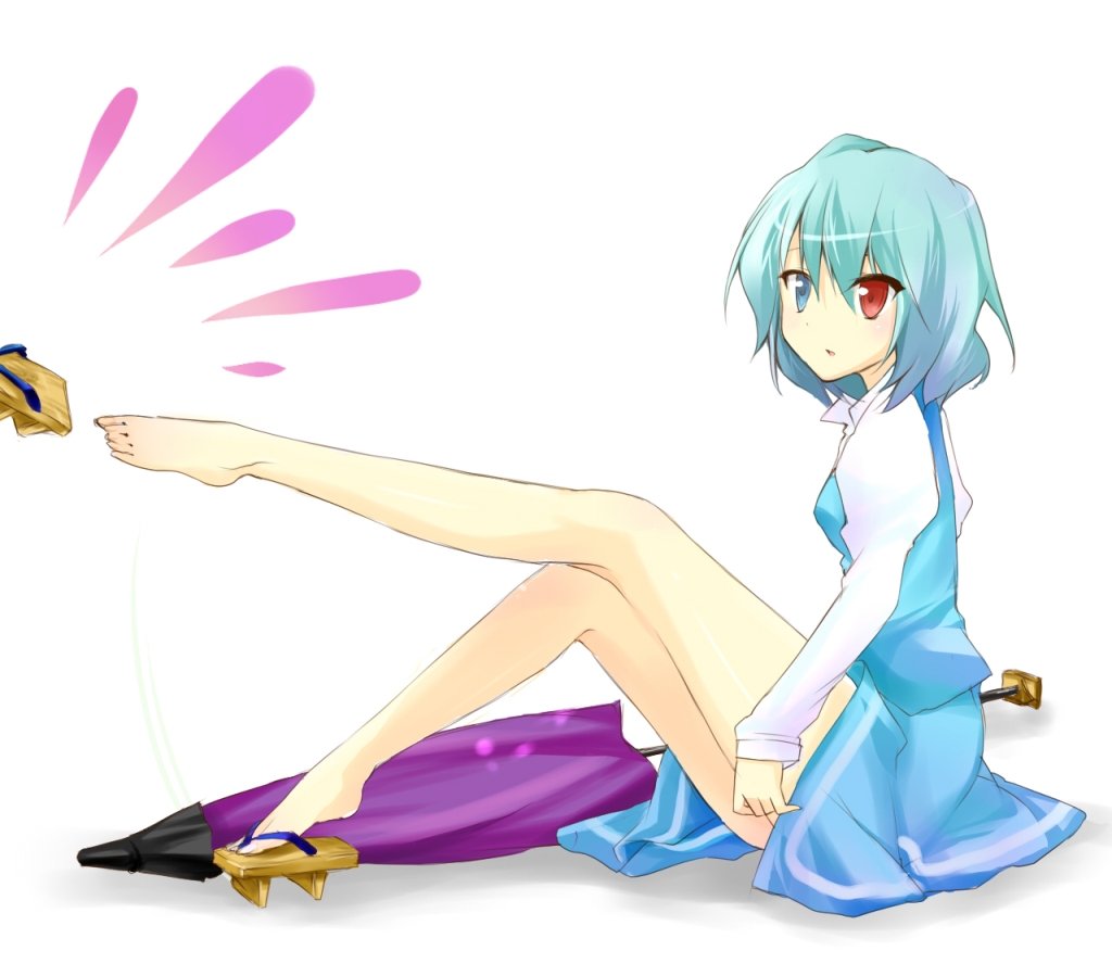 fujino ichi, melodybullet, tatara kogasa, touhou, 1girl, barefoot, blue eyes, blue hair, closed umbrella, feet, female focus, geta, heterochromia, legs, matching hair/eyes, red eyes, sandals, shoes, short hair, single shoe, sitting, solo, umbrella