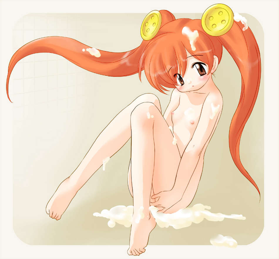 ajoea, blush, covering privates, cum, flat chest, loli, nude, nude cover, solo