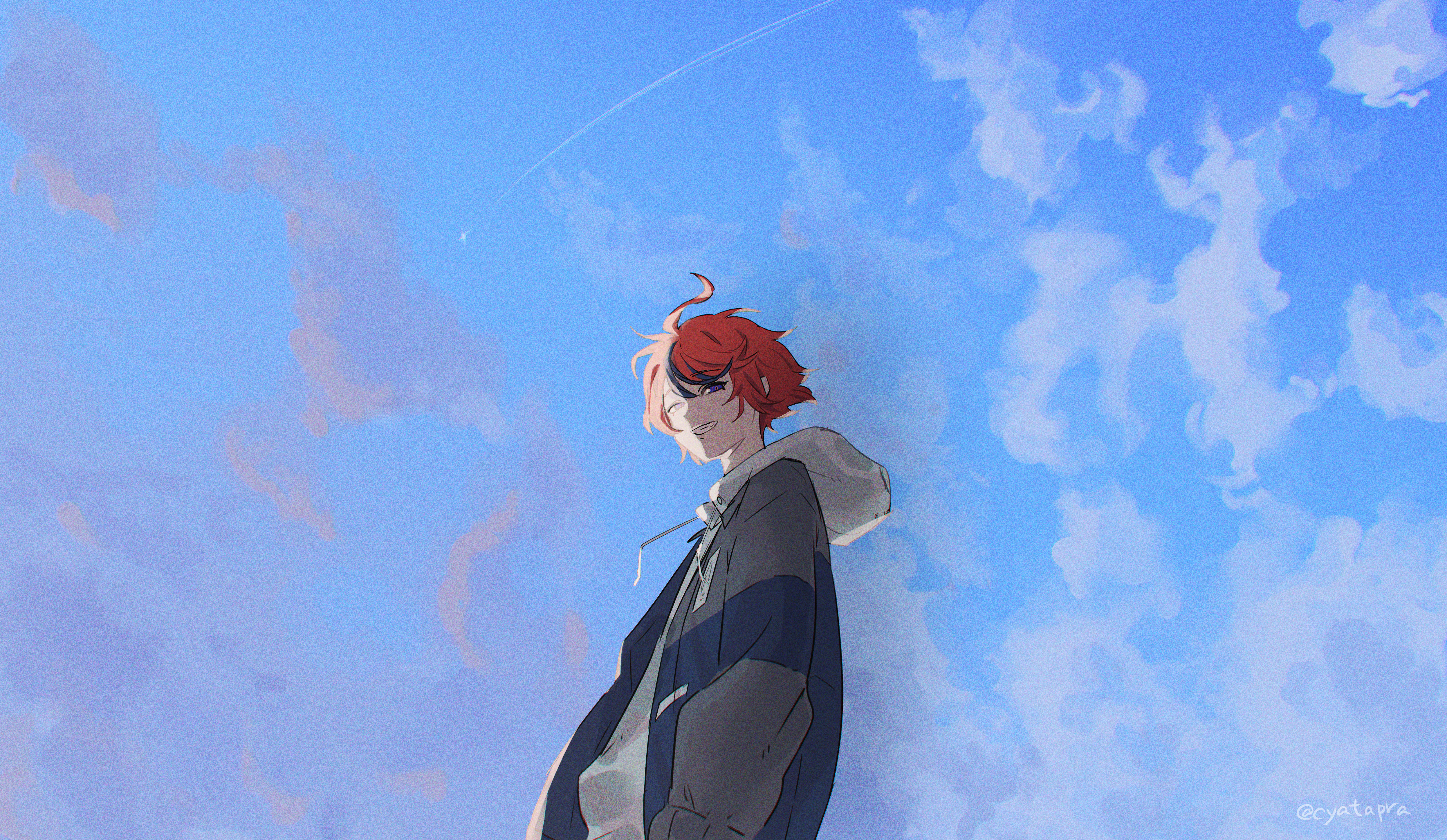 sumino takumi, the hundred line -last defense academy-, absurdres, commentary request, highres, 1boy, ahoge, black streaks, blue eyes, cloud, contrail, cowboy shot, cyatapra, drawstring, film grain, grey jacket, grin, hood, hood down, hoodie, jacket, jacket over hoodie, long sleeves, male focus, multicolored hair, one eye closed, open clothes, open jacket, outdoors, red hair, short hair, sky, smile, solo, streaked hair, twitter username, two-tone hair, white hoodie