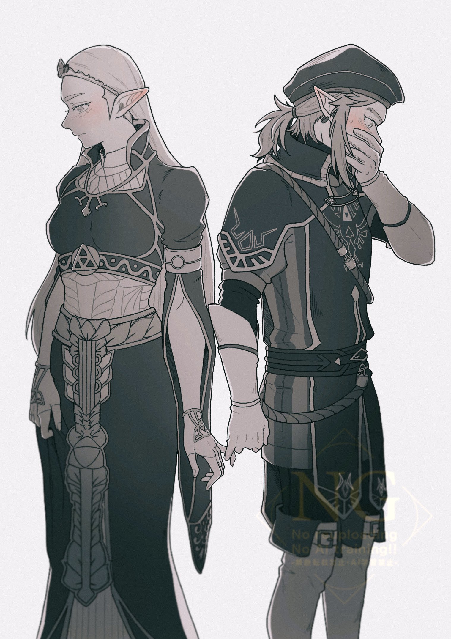 yuki sasame00, link, princess zelda, nintendo, the legend of zelda, the legend of zelda: breath of the wild, hashtag-only commentary, highres, 1boy, 1girl, beret, blush, breasts, couple, covering own mouth, dress, earrings, feet out of frame, fingerless gloves, gloves, hair tie, hand over own mouth, hat, hetero, holding hands, jewelry, layered sleeves, long dress, long hair, low ponytail, medium breasts, medium hair, military hat, military uniform, official alternate costume, parted bangs, pointy ears, ponytail, royal guard set (zelda), sidelocks, standing, tiara, white background, white gloves