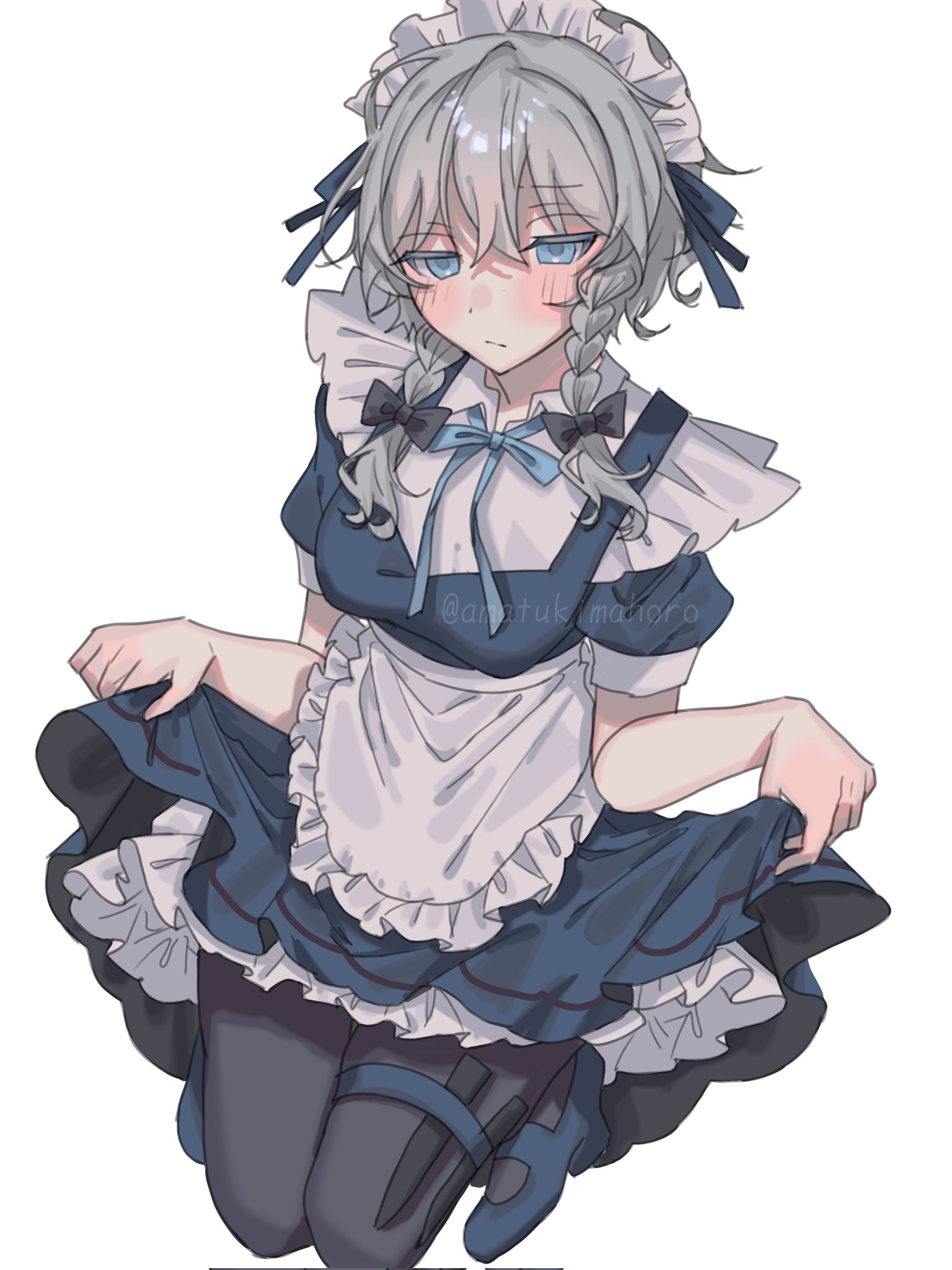 amatukimahoro, izayoi sakuya, touhou, commentary, highres, 1girl, :/, apron, black pantyhose, blue dress, blue eyes, blue shoes, blush, braid, clothes lift, dress, dress lift, frills, looking at viewer, maid, maid apron, maid headdress, medium hair, pantyhose, shirt, shoes, short sleeves, solo, thigh strap, twin braids, twitter username, white background, white hair, white shirt