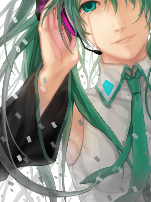 robinexile, hatsune miku, vocaloid, bad id, bad pixiv id, 1girl, aqua eyes, aqua hair, close-up, detached sleeves, female focus, headphones, headset, necktie, smile, solo, tears, twintails, white background