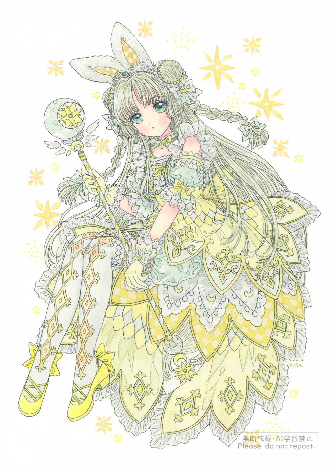 hisakata (hisa nn), original, commentary request, highres, 1girl, animal ears, braid, dress, frilled dress, frills, full body, green eyes, holding, holding wand, long hair, looking at viewer, pantyhose, rabbit ears, rabbit girl, shoes, solo, wand, yellow dress, yellow shoes