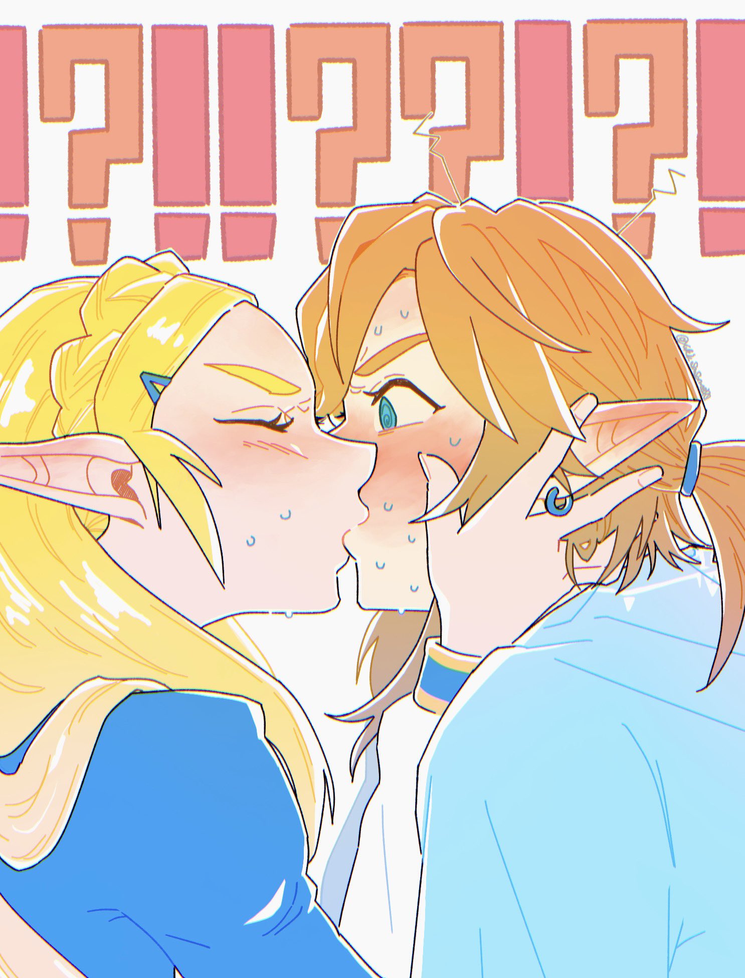 yuki sasame00, link, princess zelda, nintendo, the legend of zelda, the legend of zelda: breath of the wild, commentary request, highres, !?, 1boy, 1girl, aqua eyes, assertive female, blonde hair, blue shirt, blue tunic, blush, braid, closed eyes, crown braid, earrings, furrowed brow, hair between eyes, hair ornament, hair tie, hairclip, hetero, jewelry, kiss, looking at another, low ponytail, parted bangs, pointy ears, ponytail, shirt, sidelocks, sweat, sweatdrop, tunic, twitter username, upper body, white background