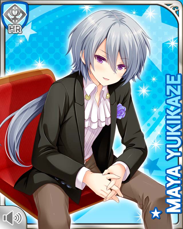 qp:flapper, yukikaze maya, girlfriend (kari), official art, 1girl, :d, black jacket, blue background, brown pants, card (medium), chair, character name, grey hair, jacket, leaning forward, looking at viewer, on chair, open mouth, pants, purple eyes, shirt, sitting, smile, solo, theater seating, white shirt