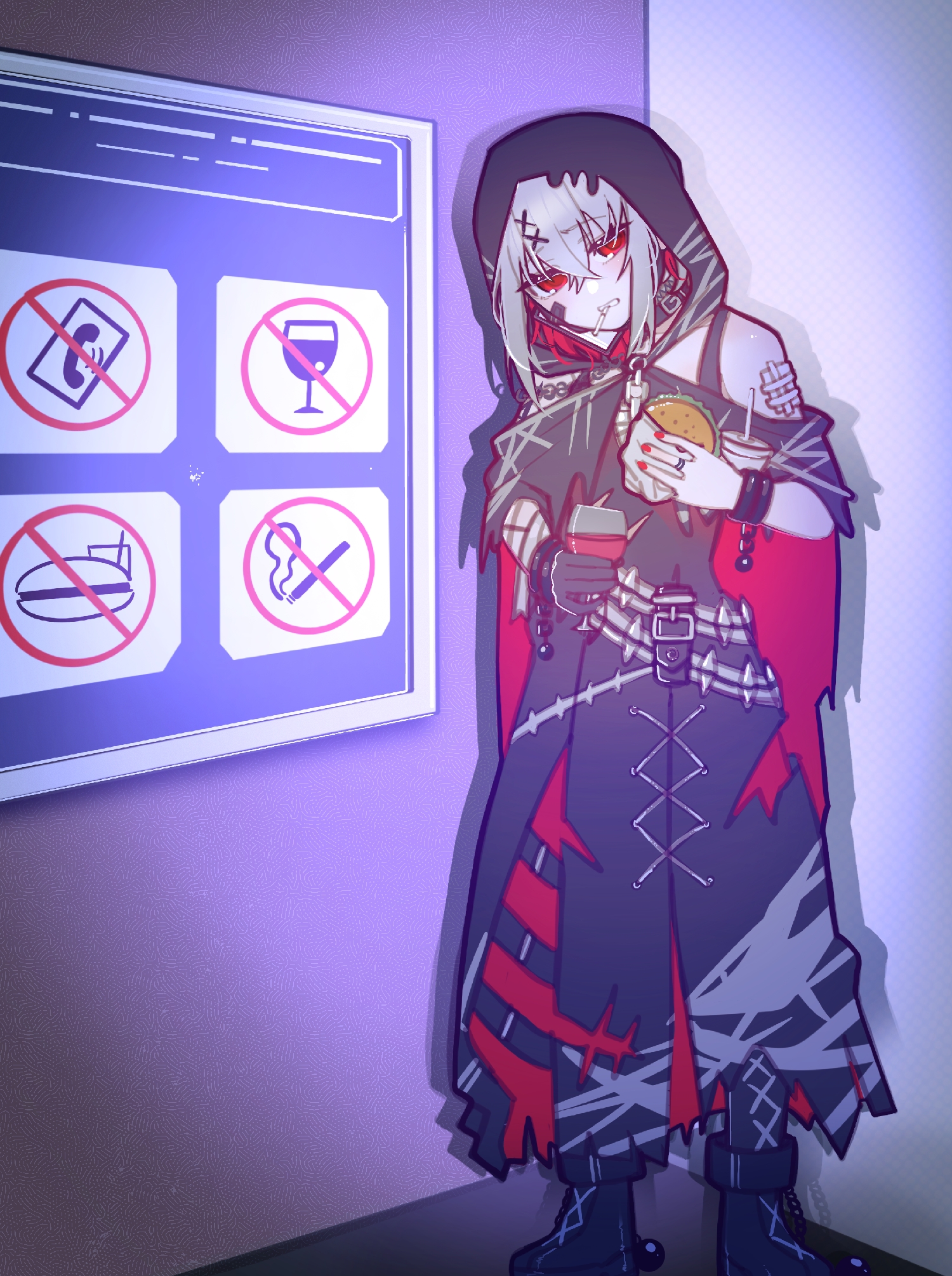 shito alisa, mahou shoujo no majo saiban, commentary request, highres, 1girl, bai weizi lingzi, belt, black boots, black dress, boots, bracelet, burger, cellphone, cigarette, colored inner hair, cup, dress, drinking glass, food, full body, gauze, grey hair, hair ornament, holding, holding burger, holding cup, holding food, hood, hood up, jewelry, looking at viewer, multicolored hair, no smoking, no symbol, phone, rebel, red eyes, short hair, sign, smartphone, solo, standing, torn clothes, torn dress, wine glass, x hair ornament