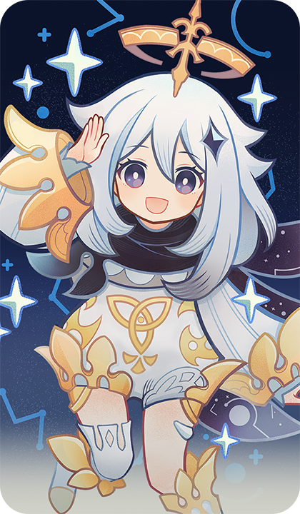 paimon (genshin impact), genshin impact, bad source, official art, 1girl, bright pupils, dress, flying, hair ornament, halo, hand up, long hair, long sleeves, looking at viewer, open mouth, single thighhigh, smile, solo, thighhighs, white dress, white hair, white pupils, white thighhighs, wide sleeves