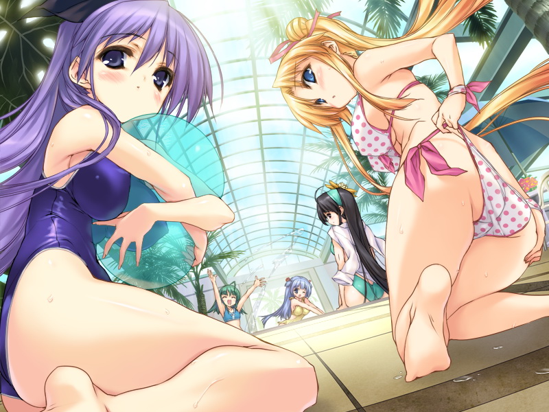 urotan, kirisaki kaede, ootori ageha, rena fraulain, sakaki hekina, shiromiya shizuku, momoiro guardian, character request, game cg, 5girls, adjusting clothes, adjusting swimsuit, ahoge, arms up, ass, ball, barefoot, beachball, bikini, black hair, blonde hair, blue eyes, blue hair, blush, breasts, covered erect nipples, day, feet, front-tie top, green hair, hair ribbon, hairband, hug, kneeling, large breasts, long hair, looking back, multiple girls, one-piece swimsuit, one eye closed, polka dot, polka dot bikini, polka dot swimsuit, ponytail, purple eyes, purple hair, ribbon, side-tie bikini bottom, sky, swimsuit, tankini, twintails, underboob, very long hair, water, wet, window, wink, wristband