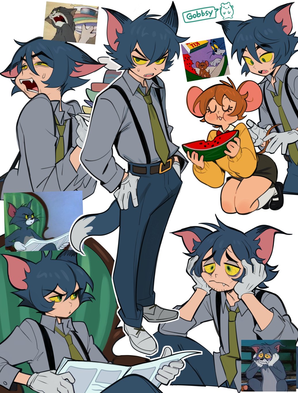 gobbsy art, jerry (tom and jerry), tom (tom and jerry), tom and jerry, commentary, english commentary, highres, reference photo, 2025, 2boys, animal ears, animification, annoyed, artist name, bags under eyes, belt, belt buckle, black pants, black shoes, blue fur, blue hair, blue pants, blush, body fur, bow, bowtie, brown belt, brown hair, buckle, butterfly sitting, cat boy, cat ears, cat tail, closed eyes, collarbone, collared shirt, colored sclera, confused, depressed, dress shoes, eating, facial hair, fang, fang out, food, fruit, full body, gloves, green eyes, green necktie, grey shirt, hair between eyes, half-closed eyes, holding, holding newspaper, kneeling, long sleeves, male focus, mouse boy, mouse tail, multiple boys, multiple expressions, multiple views, necktie, newspaper, pants, personification, red bow, red bowtie, shirt, shoes, short hair, simple background, sitting, sleeve cuffs, socks, standing, stubble, suspenders, sweatdrop, tail, v-shaped eyebrows, watermelon, white background, white fur, white gloves, white shoes, white socks, worried, yellow sclera, yellow shirt