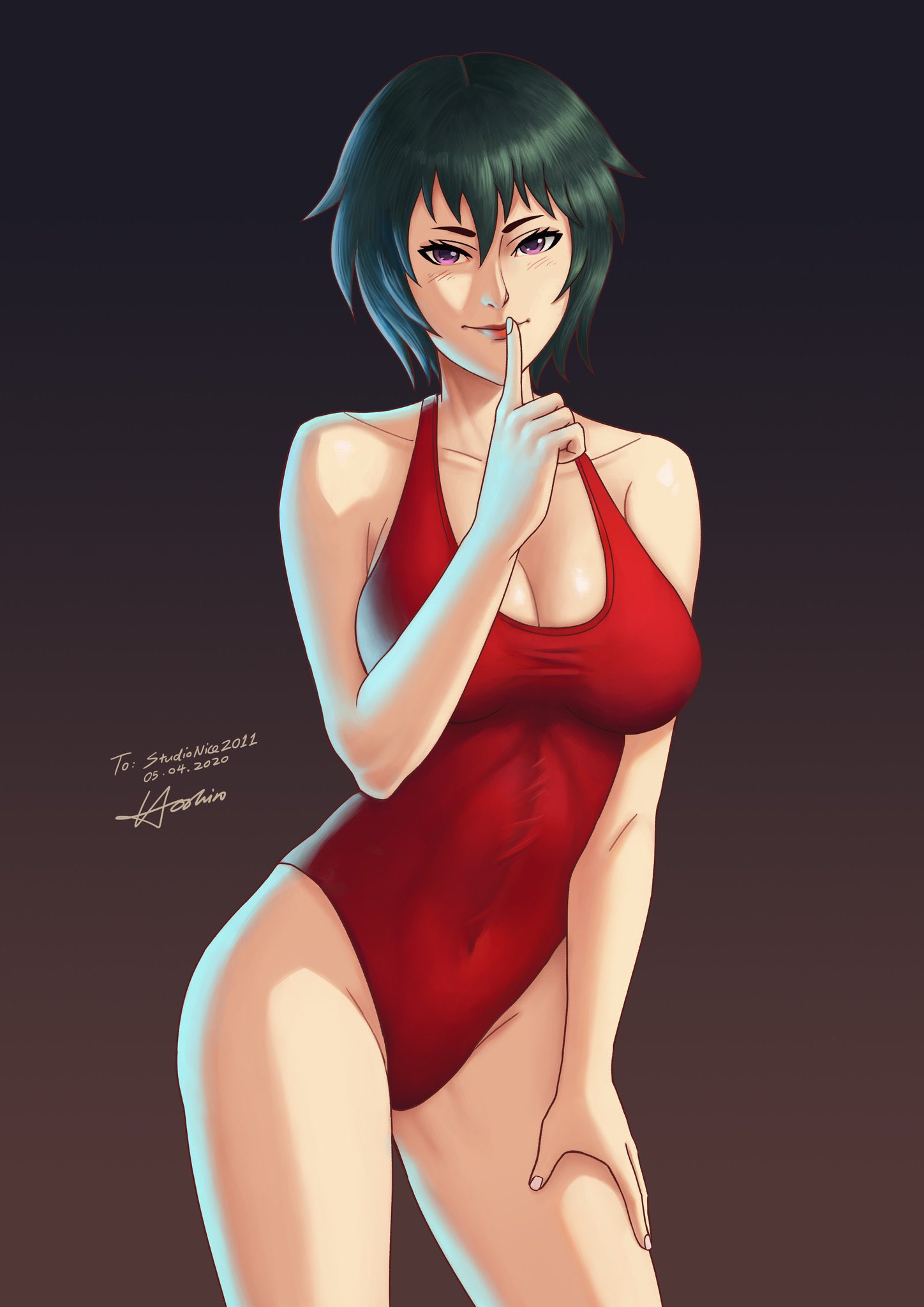 hwaitinghoshino, original, commentary, english commentary, highres, second-party source, 1girl, anna ayasaki, borrowed character, breasts, brown background, choppy bangs, cleavage, closed mouth, collarbone, cowboy shot, finger to mouth, gradient background, green hair, hair between eyes, hand on own thigh, hand up, large breasts, lips, looking at viewer, one-piece swimsuit, purple eyes, red one-piece swimsuit, short hair, smile, solo, swimsuit