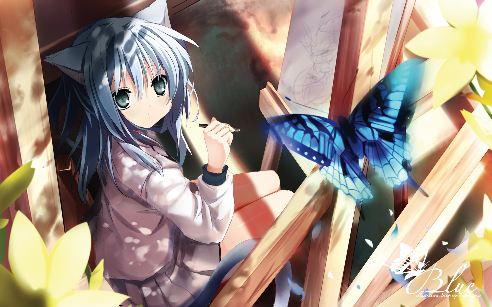 shino (eefy), original, highres, 1girl, animal ears, aqua eyes, artist name, blue hair, blurry, blush, bug, butterfly, canvas (object), cat ears, cat girl, cat tail, depth of field, drawing (action), easel, english text, female focus, flower, hair between eyes, holding, holding pencil, indoors, insect, long hair, long sleeves, looking at viewer, nature, pencil, petals, pleated skirt, school uniform, sitting, skirt, solo, tail, wooden pencil