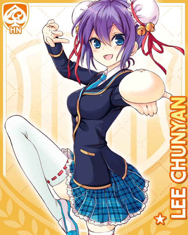 qp:flapper, girlfriend (kari), official art, 1girl, :d, bell, blue eyes, blue necktie, blue shoes, blue skirt, card (medium), character name, double bun, food, hair bun, hair ornament, hair ribbon, jacket, jingle bell, knee up, lee chunyan, leg up, looking at viewer, miniskirt, necktie, open mouth, plaid clothes, plaid skirt, pleated skirt, purple hair, red ribbon, ribbon, ribbon-trimmed thighhighs, ribbon trim, school uniform, shirt, shoes, skirt, smile, socks, solo, standing, standing on one leg, steamed bun, thighhighs, thighs, uwabaki, white shirt, white socks, white thighhighs, yellow background, zettai ryouiki