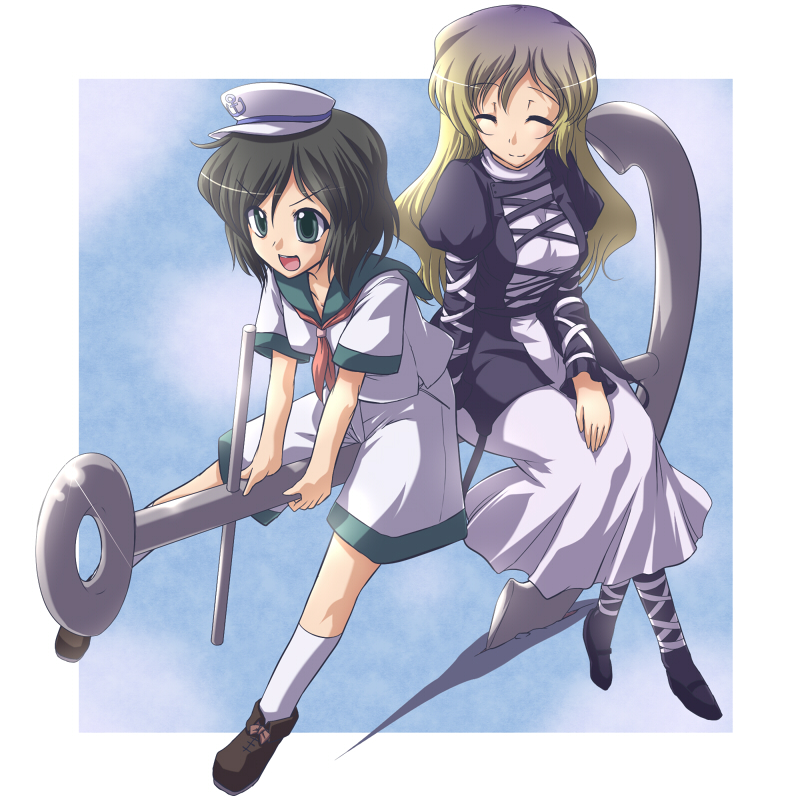 yoshi tama, hijiri byakuren, murasa minamitsu, touhou, 2girls, anchor, black hair, breasts, dress, female focus, gradient background, gradient hair, green eyes, hat, long hair, multicolored hair, multiple girls, sailor, sailor collar, sailor hat, short hair