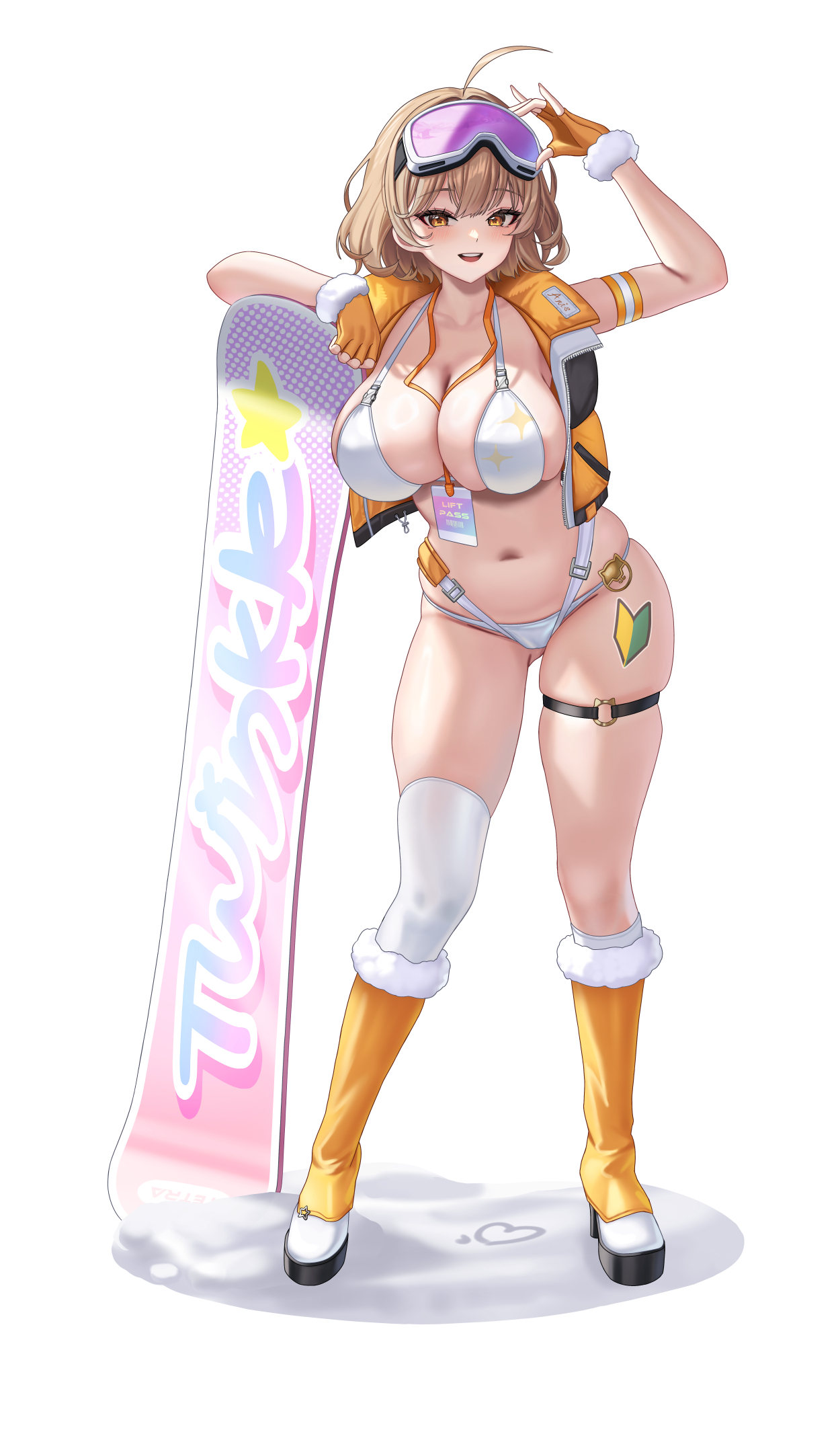 subob (subobdesu), anis (nikke), goddess of victory: nikke, commentary request, highres, revision, 1girl, ahoge, bare shoulders, between breasts, bikini, blush, boots, breasts, brown eyes, brown hair, cleavage, collarbone, fingerless gloves, full body, fur-trimmed boots, fur-trimmed gloves, fur trim, gloves, goggles, kneehighs, large breasts, leg tattoo, looking at viewer, navel, open clothes, open mouth, open vest, orange boots, orange gloves, orange vest, print bikini, short hair, shoshinsha mark, ski goggles, smile, snow, snowboard, socks, solo, sparkle print, star-shaped pupils, star (symbol), swimsuit, symbol-shaped pupils, tattoo, teeth, thick thighs, thigh strap, thighhighs, thighs, vest, white background, white bikini, white socks, white thighhighs