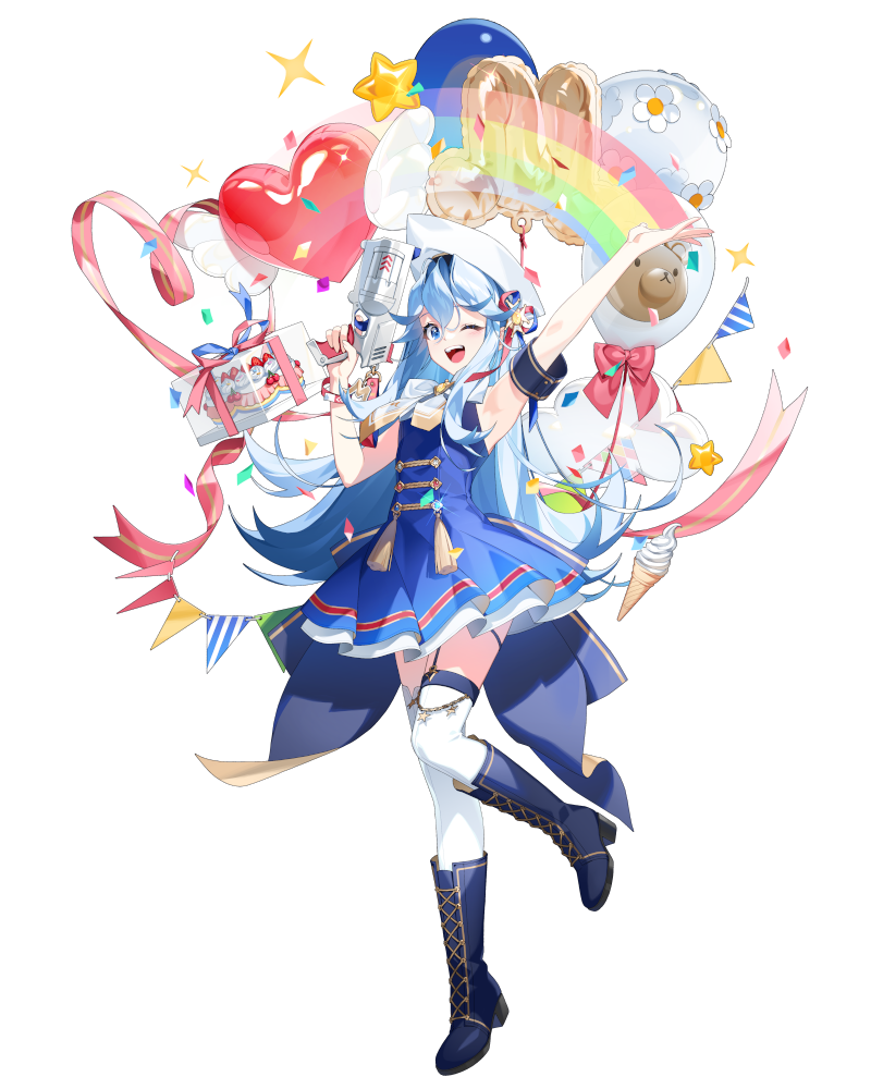 nexon, tales weaver, alpha transparency, artist request, official art, second-party source, 1girl, admission wristband, arm up, asymmetrical legwear, back bow, balloon, bare shoulders, bear balloon, blue boots, blue dress, blue eyes, blue garter straps, blue hair, blue ribbon, boots, bow, bowtie, box, brooch, buttons, cake, cherry, confetti, cup, dot nose, double-breasted, dress, eyelashes, food, fruit, full body, garter straps, gift, gift box, hair between eyes, hair ribbon, hat, heart balloon, holding, holding cup, ice cream, ice cream cone, jewelry, knee boots, lace-up boots, lanyard, large bow, long hair, long sidelocks, mismatched legwear, one eye closed, open hand, open mouth, pennant, pink ribbon, pleated dress, rainbow, red bow, red ribbon, ribbon, ritz (tales weaver), sidelocks, simple background, single arm cuff, single garter strap, sleeveless, sleeveless dress, solo, sparkle, standing, standing on one leg, star ornament, strawberry, tachi-e, tales weaver: second run, tassel, teeth, thigh strap, thighhighs, tongue, transparent background, two-sided ribbon, two-tone ribbon, upper teeth only, very long hair, white bow, white bowtie, white hat, white thighhighs