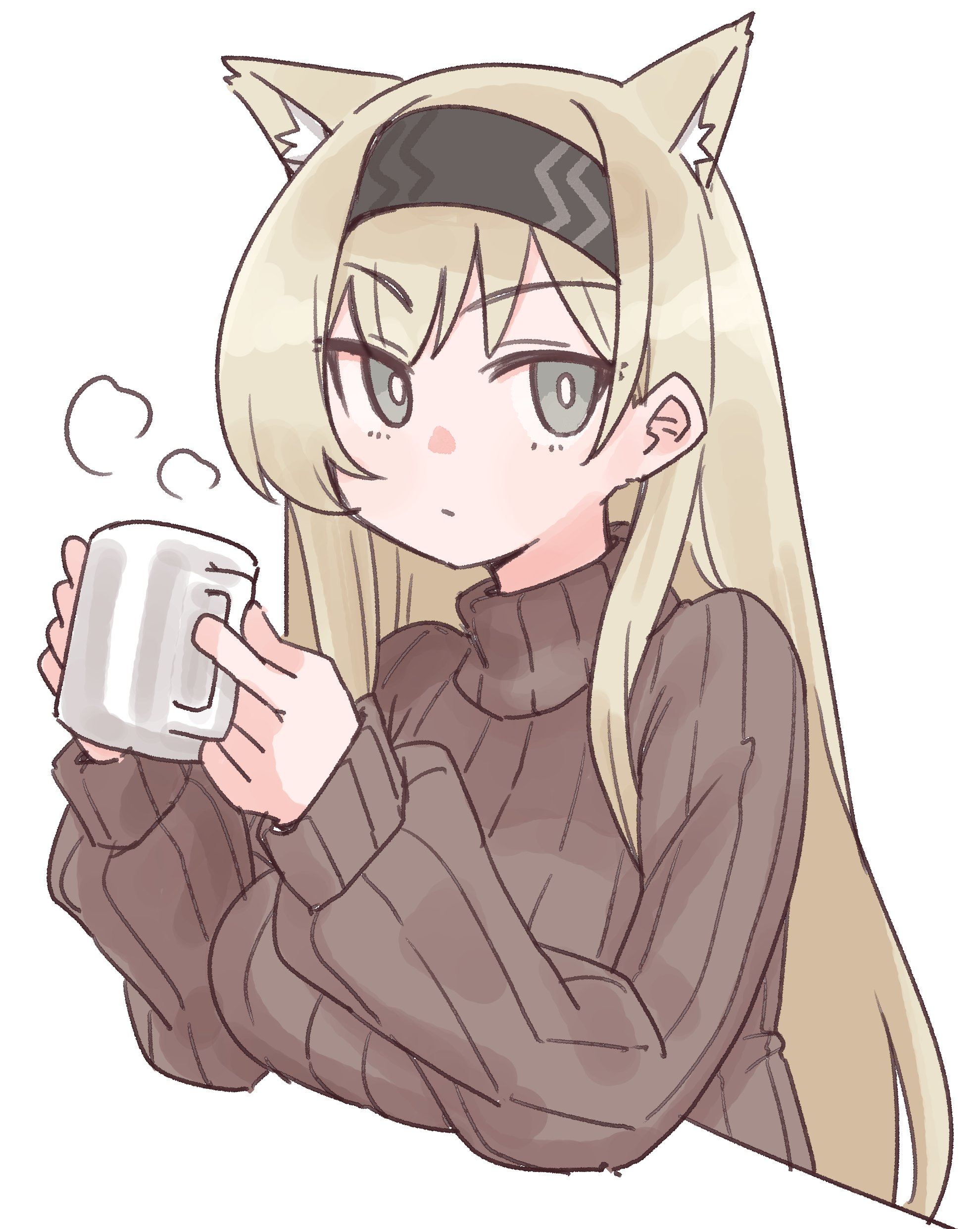nikukabe, horn (arknights), arknights, absurdres, commentary, highres, 1girl, alternate costume, animal ear fluff, animal ears, black hairband, breasts, bright pupils, brown sweater, cup, expressionless, extra ears, grey eyes, hairband, holding, holding cup, invisible table, large breasts, long hair, long sleeves, looking at viewer, mug, ribbed sweater, simple background, solo, steam, sweater, turtleneck, turtleneck sweater, white background, white pupils, wolf ears, wolf girl