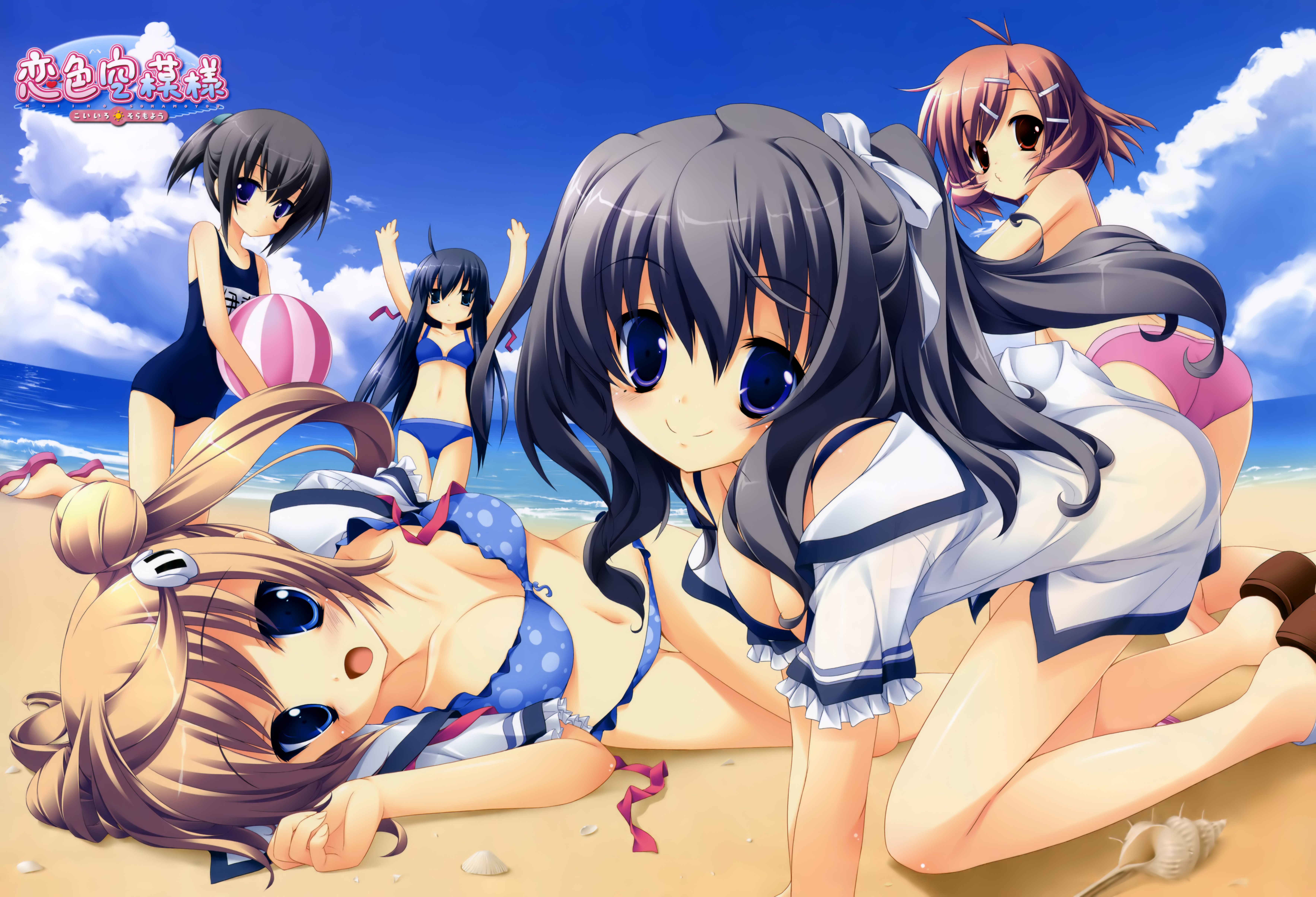lucie, hattori aya, itou mikoto, kanou kayoko, shinohara sera, utsumi shizuna, koiiro soramoyou, absurdres, highres, 5girls, beach, bikini, bikini under clothes, bra, breasts, cleavage, day, dog hair ornament, hair ornament, hairclip, lingerie, medium breasts, multiple girls, no pants, one-piece swimsuit, open clothes, open shirt, outdoors, polka dot, polka dot bikini, polka dot swimsuit, school swimsuit, school uniform, shirt, swimsuit, swimsuit under clothes, underwear