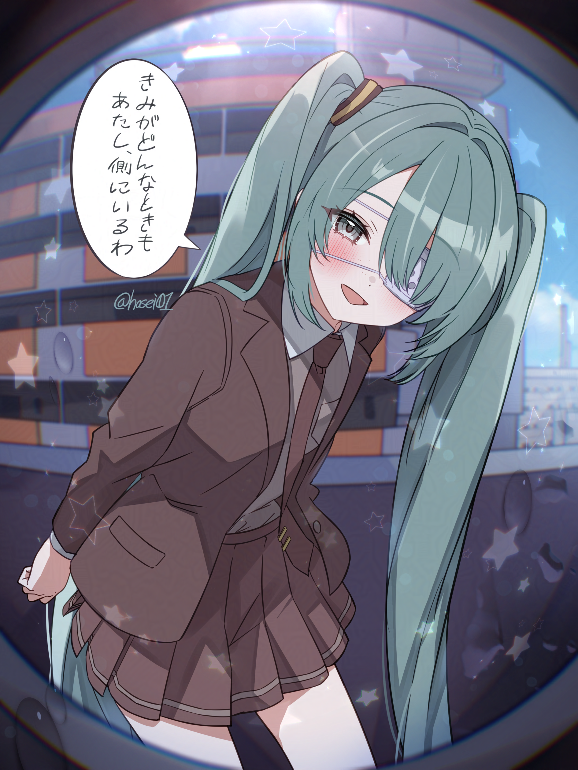 hasei (hasei01), hatsune miku, monitoring (vocaloid), vocaloid, absurdres, commentary request, highres, 1girl, arms behind back, blazer, blurry, blurry background, blush, breast pocket, brown jacket, brown necktie, brown skirt, building, cityscape, collared shirt, cowboy shot, dot nose, eyepatch, green hair, grey eyes, hair between eyes, hair intakes, hair over one eye, jacket, lapels, leaning forward, long hair, long sleeves, looking at viewer, medical eyepatch, miniskirt, necktie, notched lapels, open clothes, open jacket, open mouth, pleated skirt, pocket, pov peephole, school uniform, shirt, shirt tucked in, sidelocks, skirt, smile, solo, speech bubble, standing, star (symbol), tie clip, tongue, twintails, twitter username, very long hair, white shirt