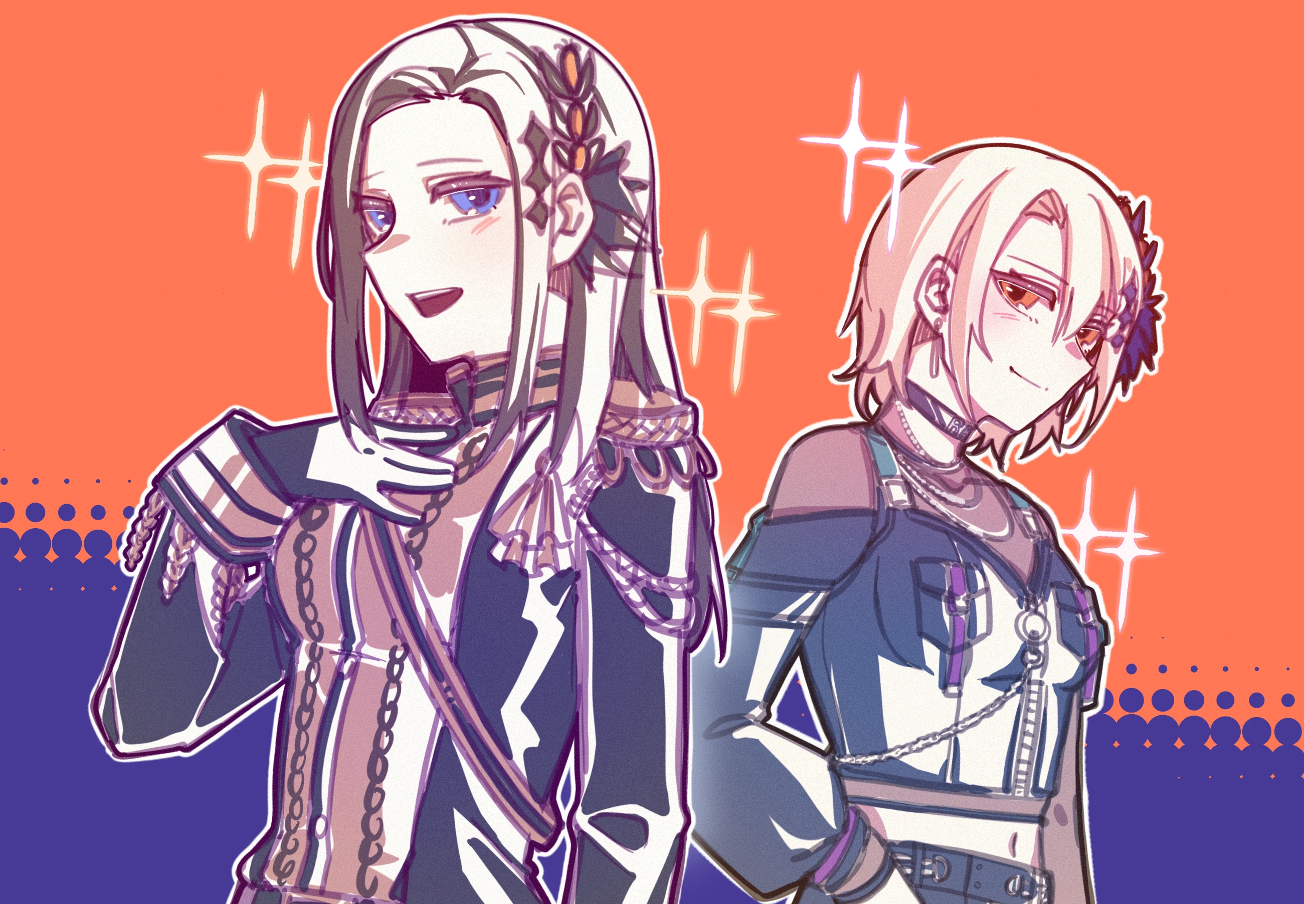 hasumi leia, wakana rei, bang dream!, mahou shoujo no majo saiban, highres, 2girls, aiguillette, bai weizi lingzi, black gloves, black hair, black jacket, black shirt, blonde hair, breasts, closed mouth, cosplay, costume switch, crossover, epaulettes, gloves, hand on own chest, hand up, hasumi leia (cosplay), jacket, long hair, long sleeves, looking at viewer, medium breasts, midriff, multiple girls, open mouth, outline, purple eyes, sash, shirt, short hair, shoulder sash, smile, sparkle, upper body, wakana rei (cosplay), white outline, yellow eyes