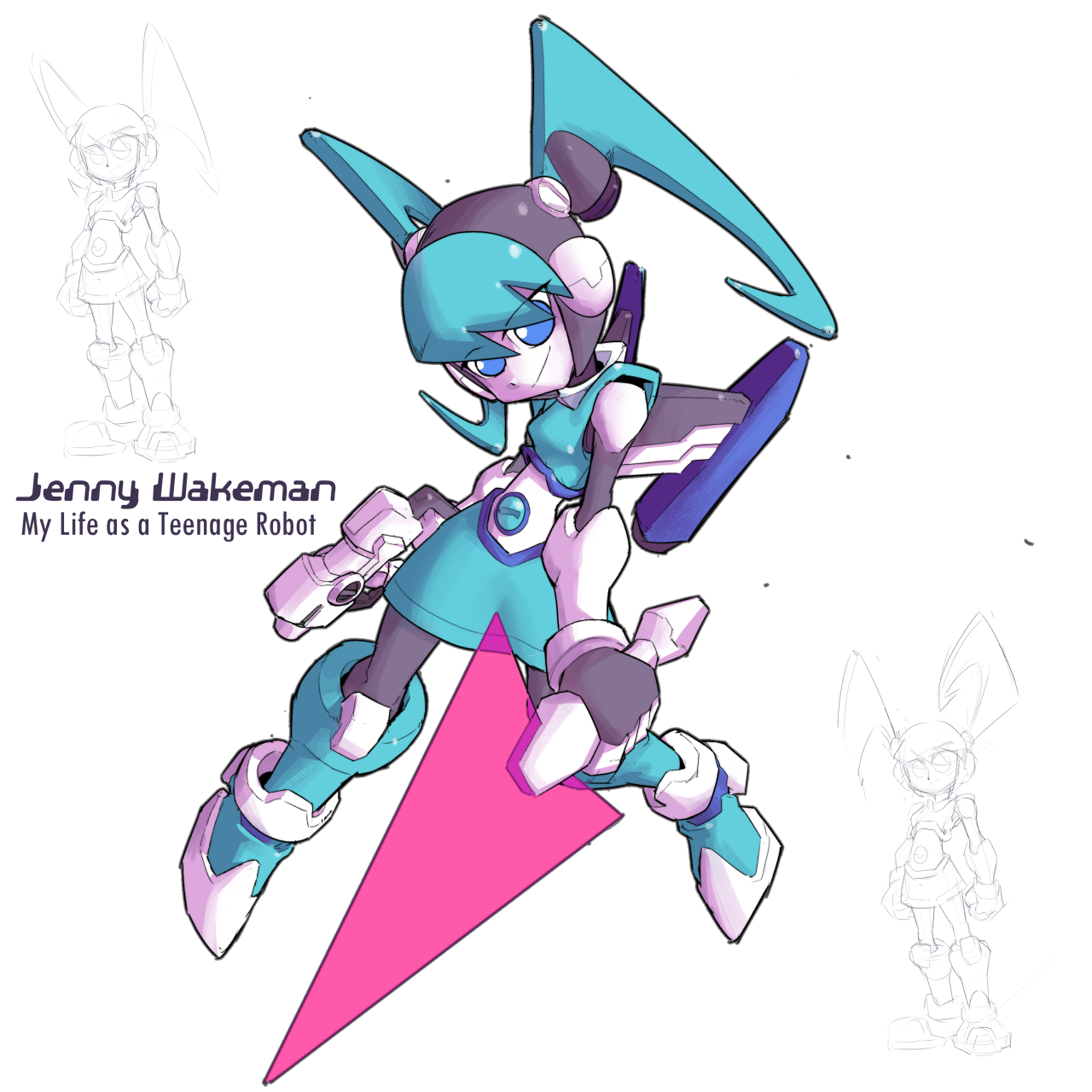 karakatodzo, jenny wakeman, mega man (series), mega man zero (series), my life as a teenage robot, commentary, english commentary, highres, android, aqua hair, blue eyes, breasts, colored skin, energy sword, green eyes, gun, handgun, holding, holding sword, holding weapon, humanoid robot, looking at viewer, open mouth, parody, robot, robot girl, skirt, style parody, sword, twintails, weapon, white skin, z saber