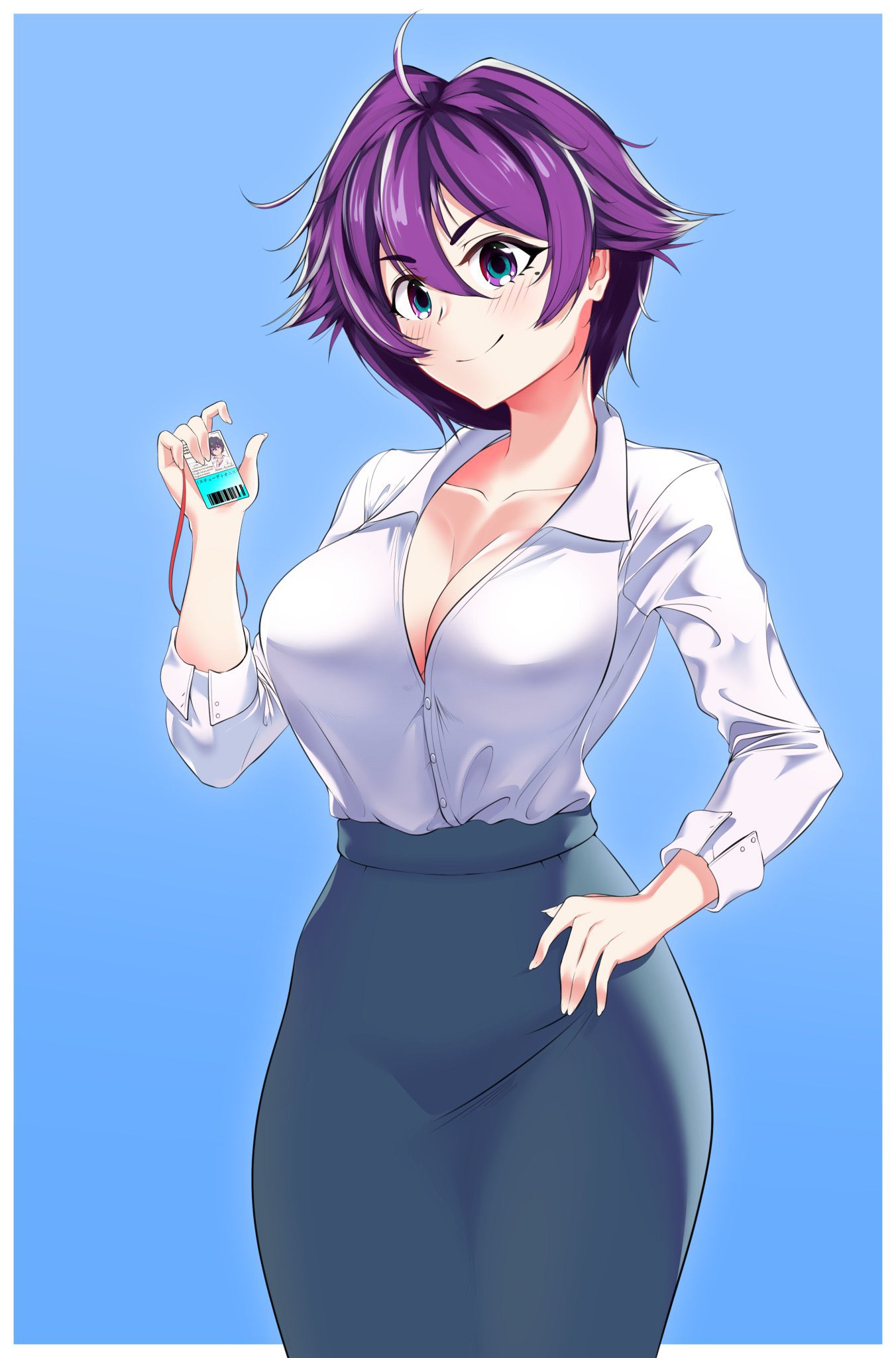 porougon, original, commentary, english commentary, highres, second-party source, 1girl, ahoge, anna ayasaki, blue background, blue eyes, blue skirt, border, borrowed character, breasts, cleavage, closed mouth, collarbone, cowboy shot, double-parted bangs, hair between eyes, hand on own hip, hand up, holding, holding id card, id card, lanyard, large breasts, long sleeves, looking at viewer, mole, mole under eye, multicolored eyes, outside border, purple eyes, purple hair, shirt, shirt tucked in, short hair, skirt, smile, solo, two-tone eyes, white border, white shirt