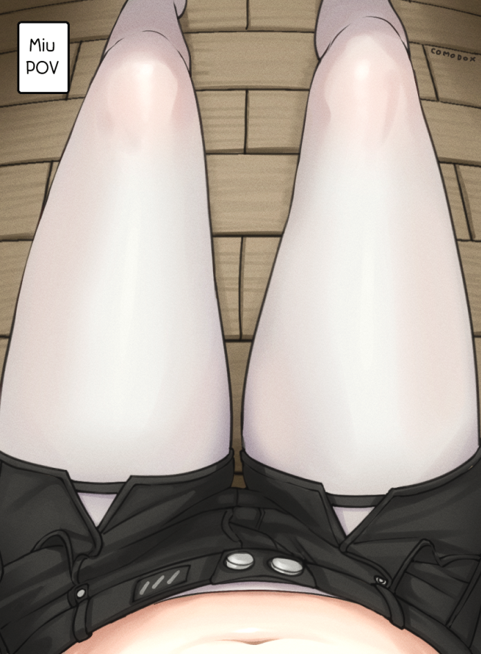 comodox, miu (comodox), original, commentary, english commentary, 1girl, black shorts, female pov, lower body, navel, pantyhose, pov, short shorts, shorts, solo, thighs, white pantyhose, wooden floor