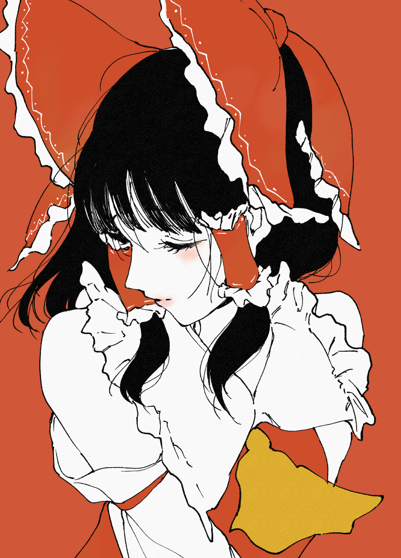 asuzemu, hakurei reimu, touhou, 1girl, ascot, bare shoulders, black hair, bow, closed eyes, closed mouth, detached sleeves, expressionless, frills, hair tubes, medium hair, red background, red bow, red shirt, shirt, sleeveless, sleeveless shirt, solo, upper body, yellow ascot