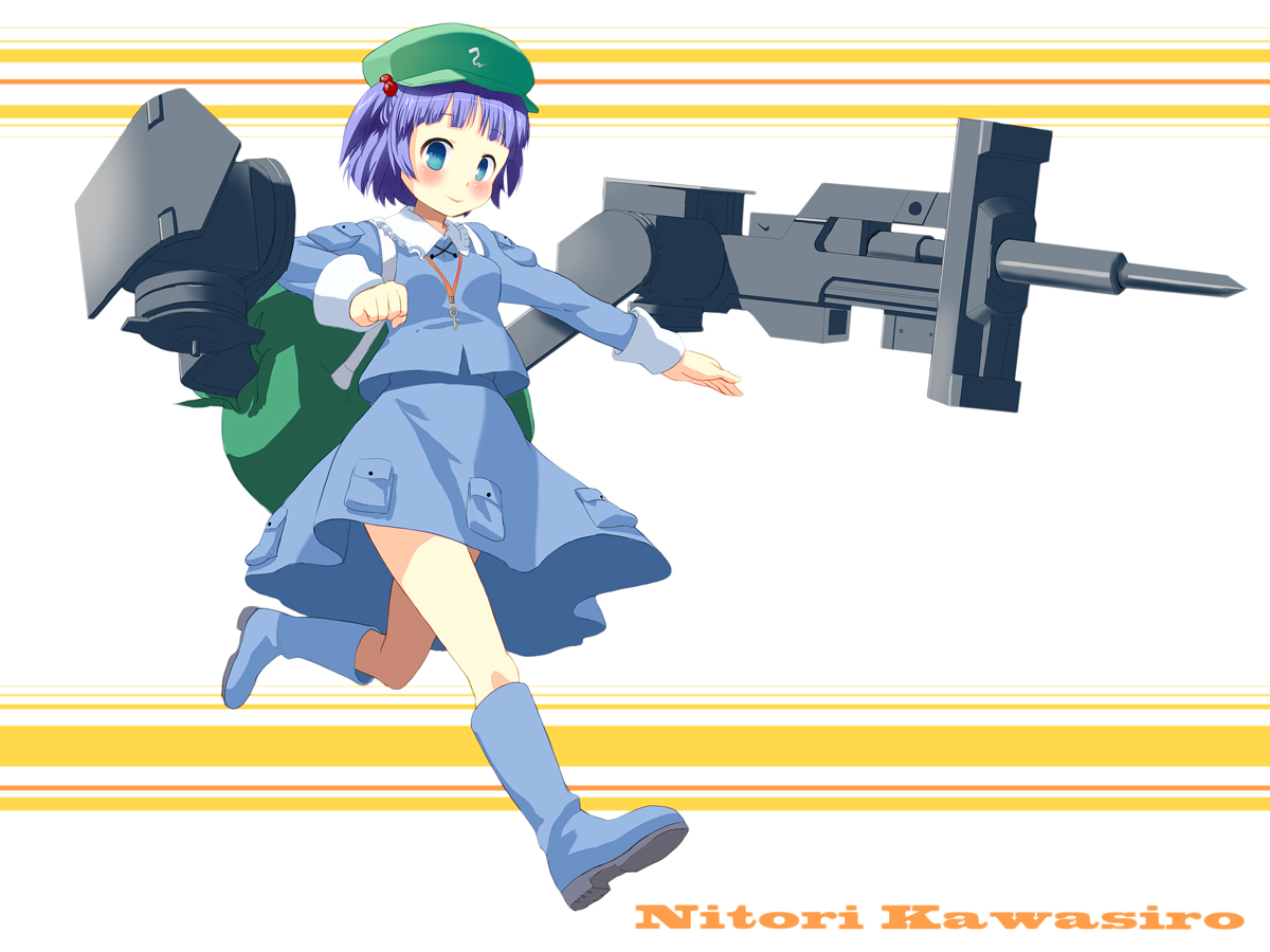 gachapinmuck, izumi (sa na ra ra), kawashiro nitori, murmeltier, busou shinki, touhou, bad id, bad pixiv id, 1girl, backpack, bag, blue eyes, blue hair, boots, character name, female focus, hair bobbles, hair ornament, hat, key, matching hair/eyes, parody, randoseru, short hair, solo, twintails, two side up