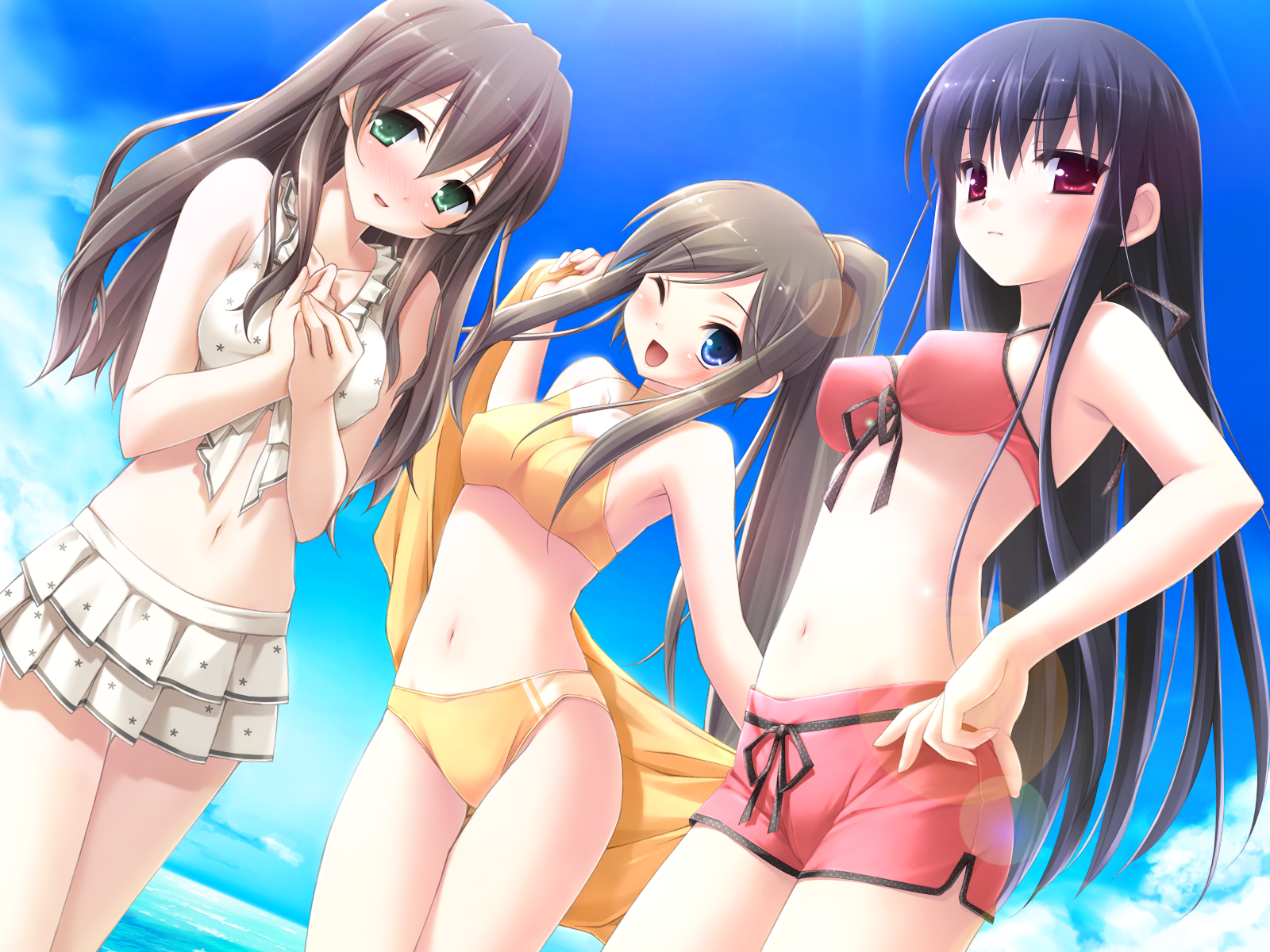 kanekiyo miwa, kantoku, itou hinako, miyazawa midori, segawa rikako, natsu no ame, game cg, highres, 3girls, bikini, bikini shorts, bikini skirt, blue eyes, blush, brown hair, day, front-tie top, full-face blush, green eyes, hand on own hip, lens flare, light rays, long hair, looking at viewer, multiple girls, navel, one eye closed, ponytail, red eyes, shorts, sunbeam, sunlight, swimsuit, thigh gap, towel, wink