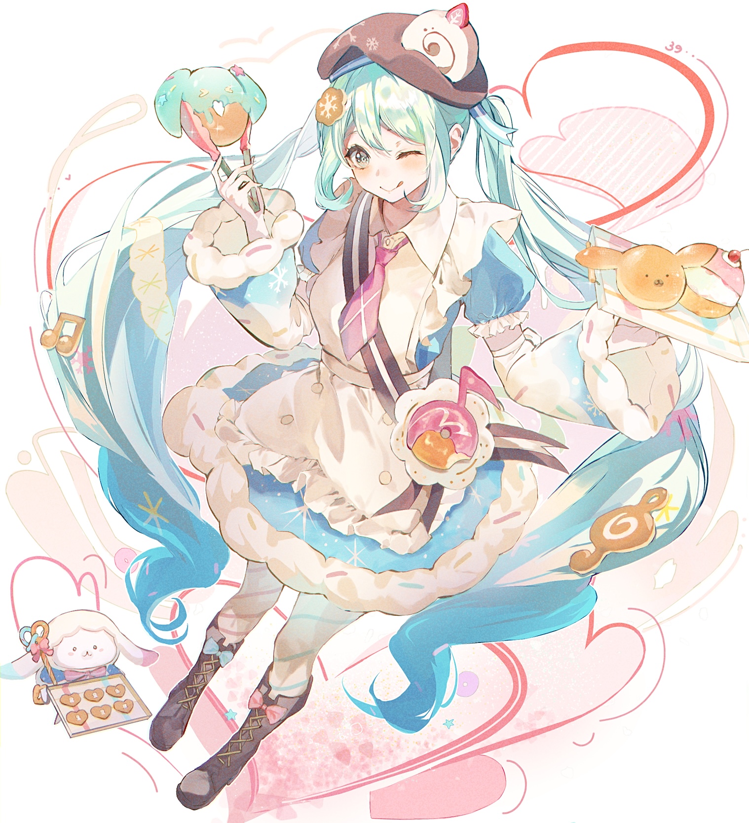 hatsune miku, rabbit yukine, yuki miku, yuki miku (2026), vocaloid, commentary request, highres, 1girl, ;d, animal, apron, aqua eyes, aqua hair, asymmetrical legwear, blue bow, blue dress, blue eyes, blue hair, blue pantyhose, blue sleeves, blush, boots, bow, bowtie, bread, brown boots, brown hat, dessert, detached sleeves, double-parted bangs, dress, dress bow, food, food-themed clothes, food-themed hat ornament, frilled apron, frills, full body, fur-trimmed dress, fur-trimmed sleeves, fur trim, hair between eyes, hair ornament, hat, hat ornament, heart, holding, holding tongs, holding tray, key, knee boots, long hair, long sleeves, looking at viewer, mismatched legwear, necktie, official alternate costume, official alternate hairstyle, one eye closed, open mouth, outline, pantyhose, pink necktie, pink pantyhose, puffy short sleeves, puffy sleeves, rabbit, short sleeves, smile, snowflake print, striped clothes, striped pantyhose, t0klma, tongs, tray, twintails, two-tone sleeves, very long hair, wavy hair, white apron, white bow, white outline, white rabbit (animal), wide sleeves