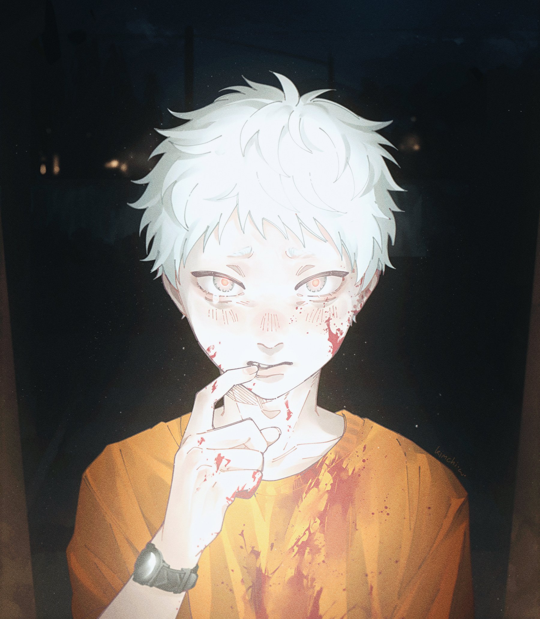 kimchi15922858, indou hikaru, hikaru ga shinda natsu, commentary, english commentary, highres, 1boy, artist name, blood, blood on clothes, blood on face, finger to mouth, looking at viewer, male focus, orange shirt, red pupils, shirt, short eyebrows, short hair, solo, upper body, watch, white hair, wristwatch